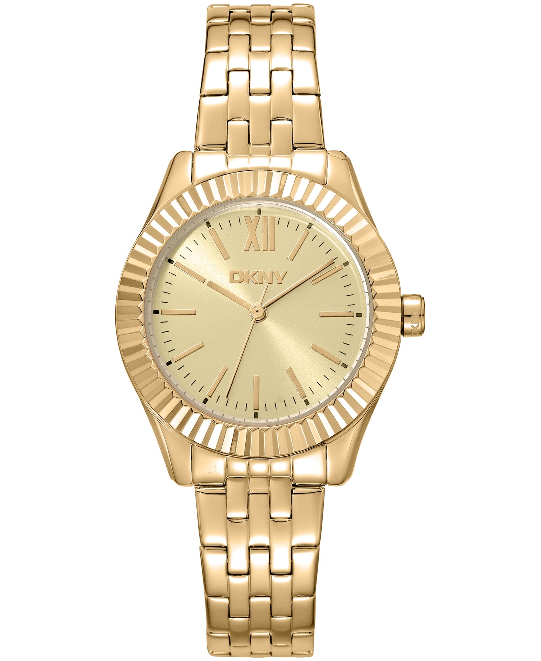 DK1L017M1065 DKNY Women's Fluted Bezel Yellow-Gold Tone Stainless Steel Watch 30mm Watches DKNY