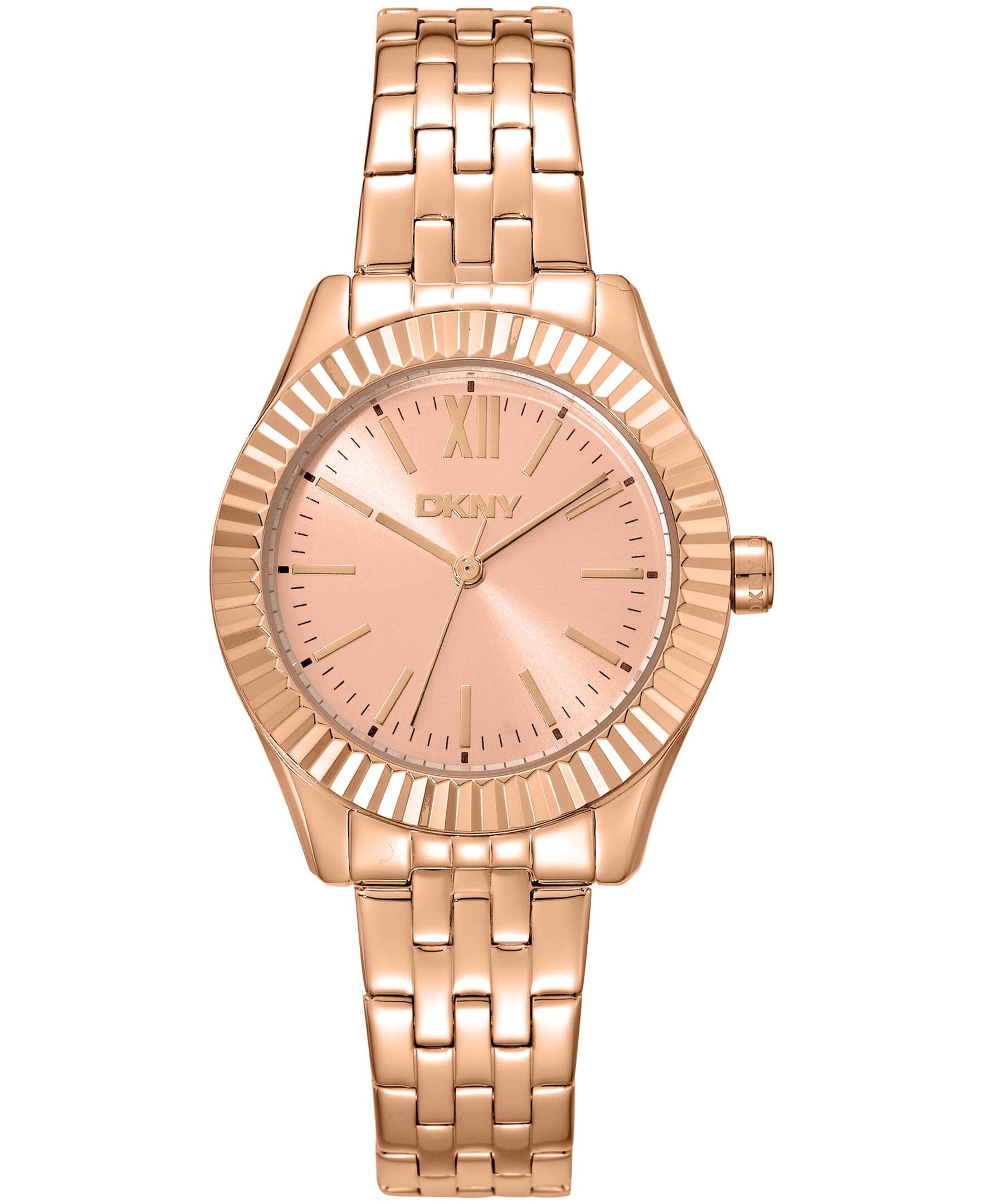 DK1L017M1075 DKNY Women's Fluted Bezel Rose-Gold Tone Stainless Steel Bracelet Watch 30mm Watches DKNY