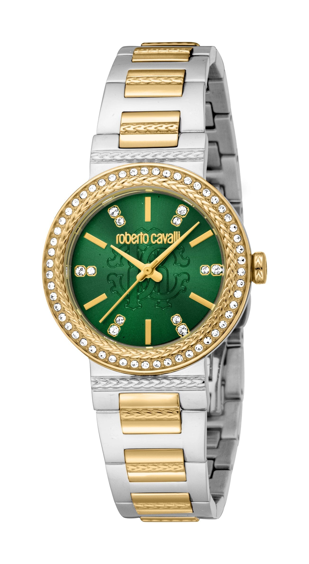 Women's Roberto Cavalli Glam Dark Green Dial Two Tone Silver & Gold Quartz Watch Roberto Cavalli