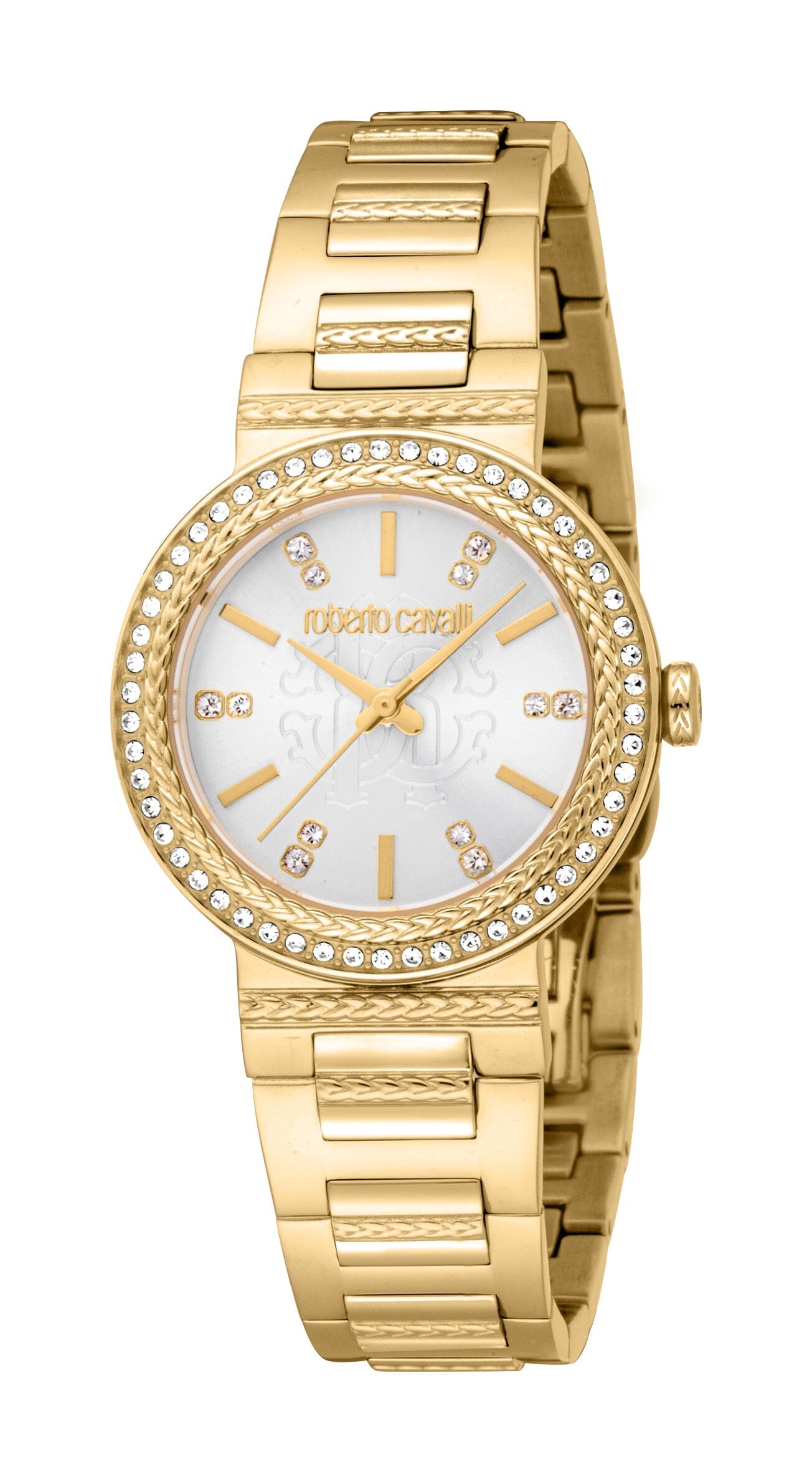 Women's Roberto Cavalli Glam Gold with Stones Quartz Silver Dial Watch Roberto Cavalli