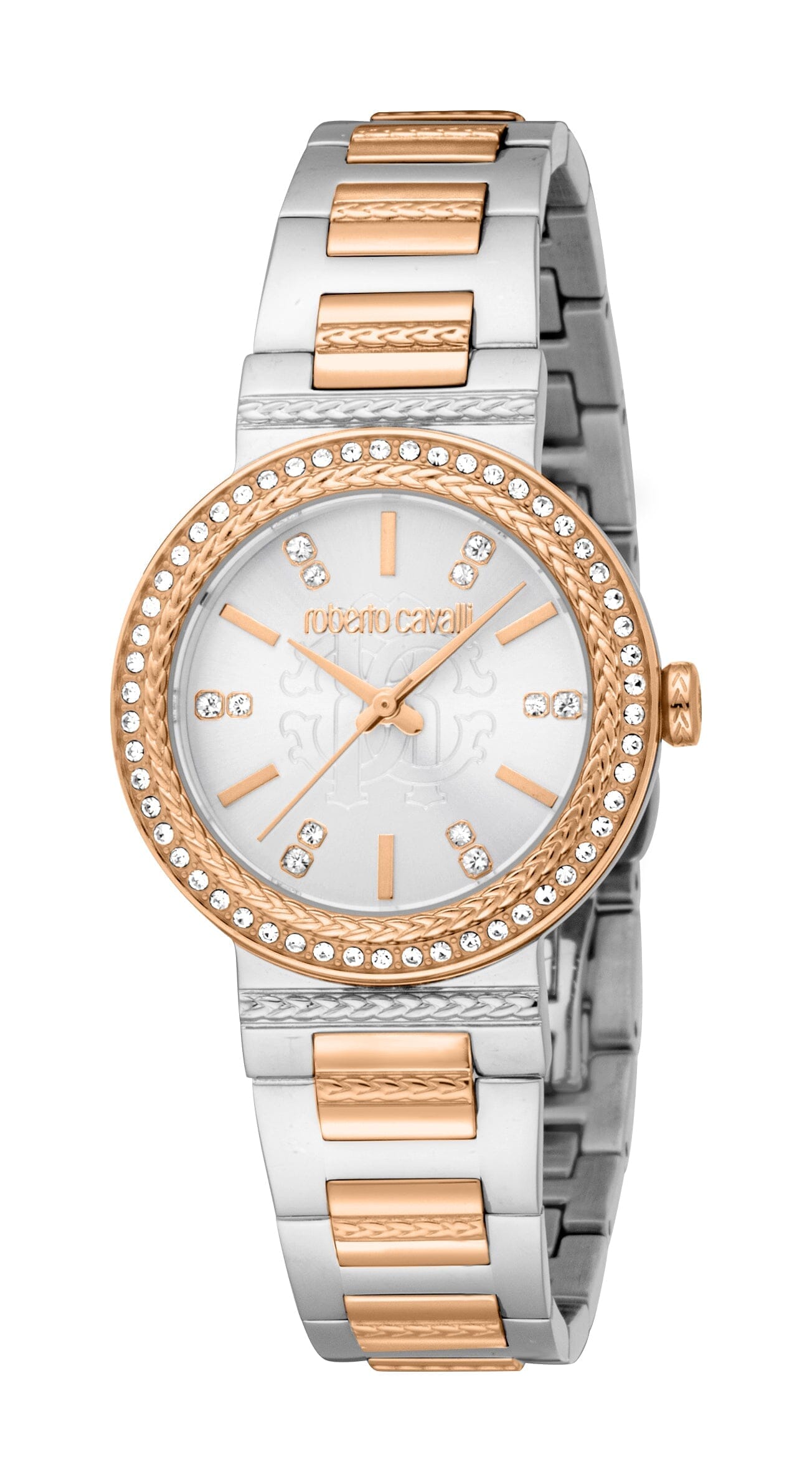 Women's Roberto Cavalli Glam Stainless Steel Two Tone Silver & Rose Gold with Stones Quartz Watch Roberto Cavalli