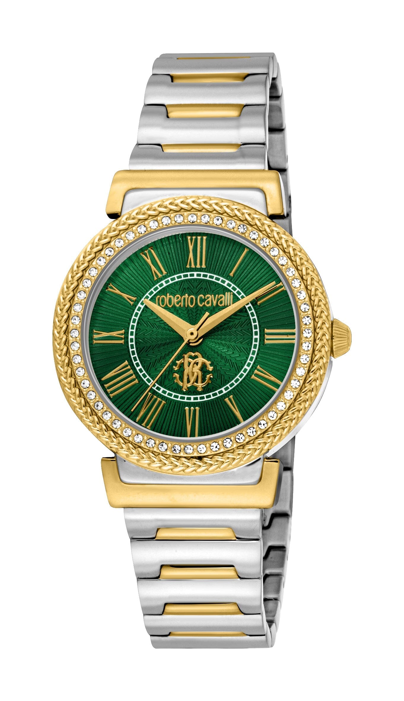 Women's Roberto Cavalli Glam Two Tone Silver & Gold Quartz Dark Green Dial Watch Roberto Cavalli