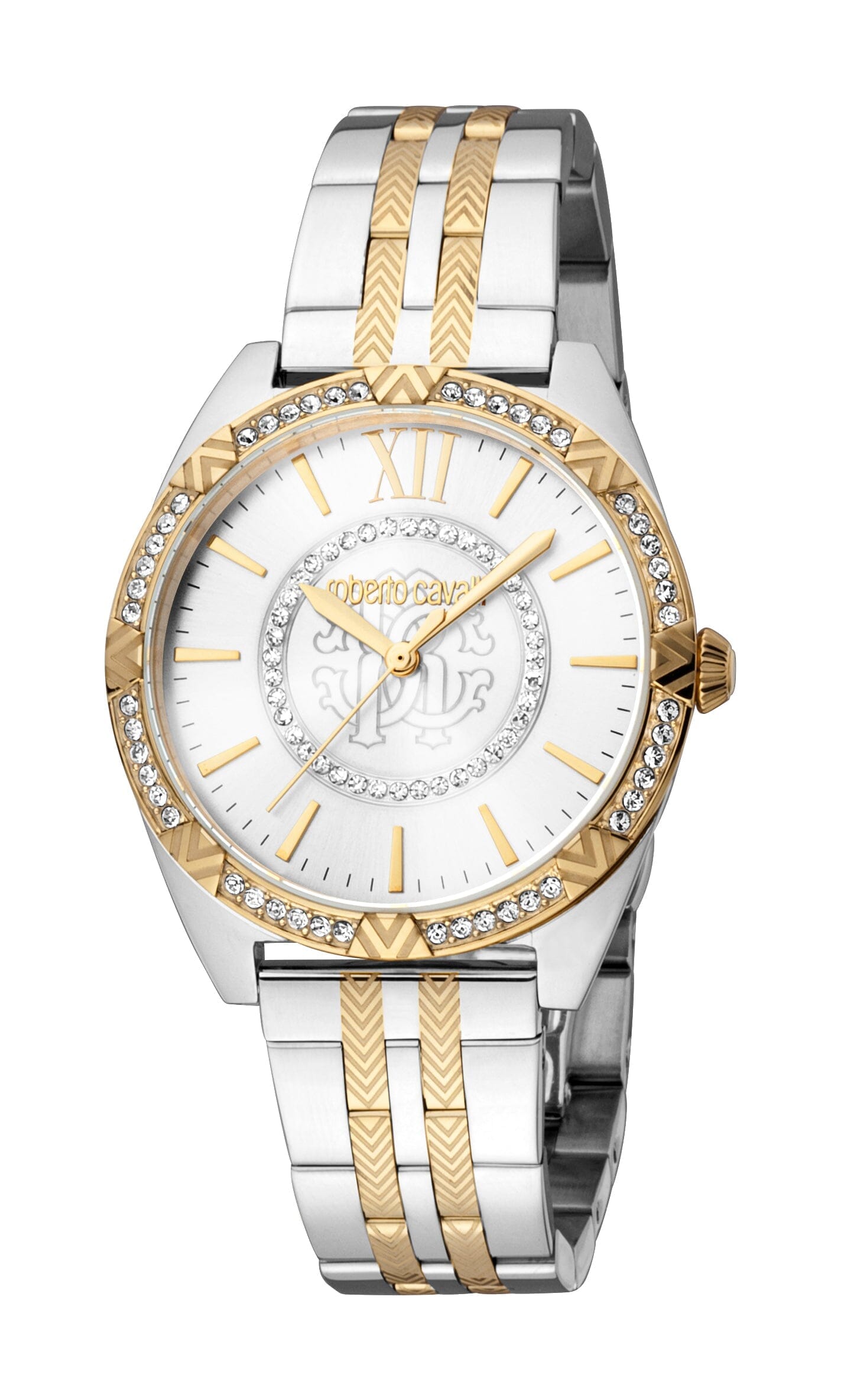 Women's Roberto Cavalli Glam Two Tone Silver & Gold Quartz Silver Dial Watch Roberto Cavalli