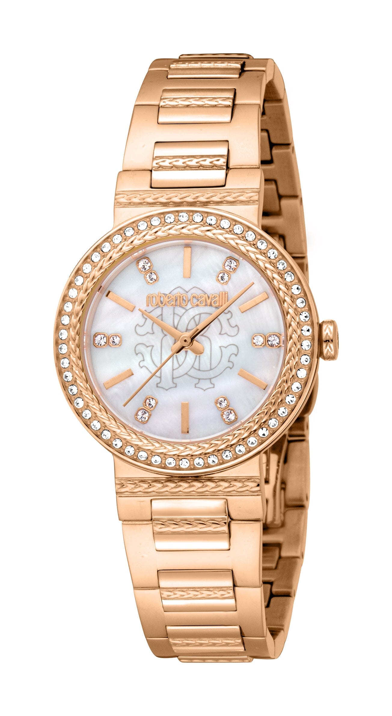 Women's Roberto Cavalli Glam White MOP Rose Gold with Stones Quartz Watch Roberto Cavalli