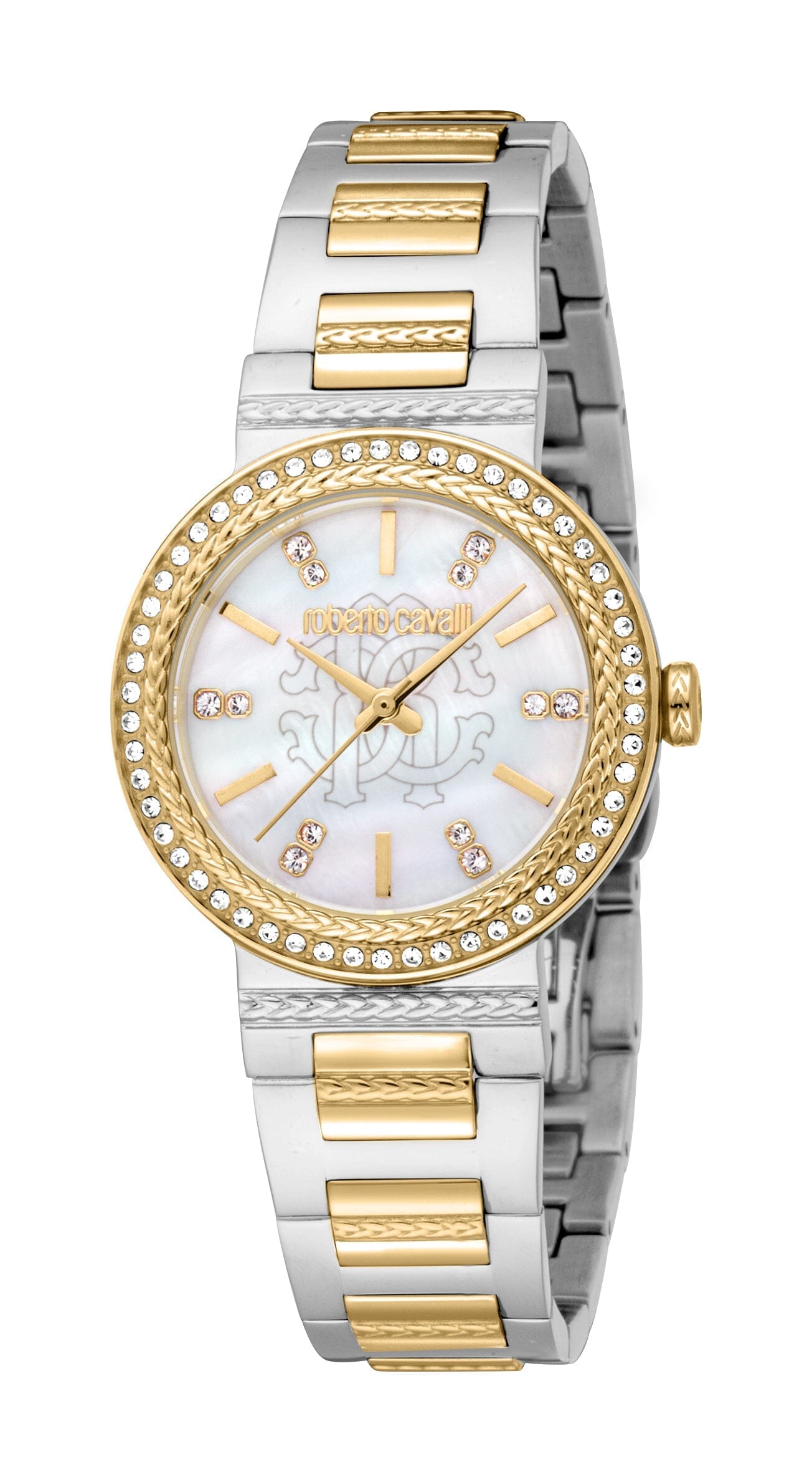 Women's Roberto Cavalli Glam White MOP Two Tone Silver & Gold Quartz Watch Roberto Cavalli