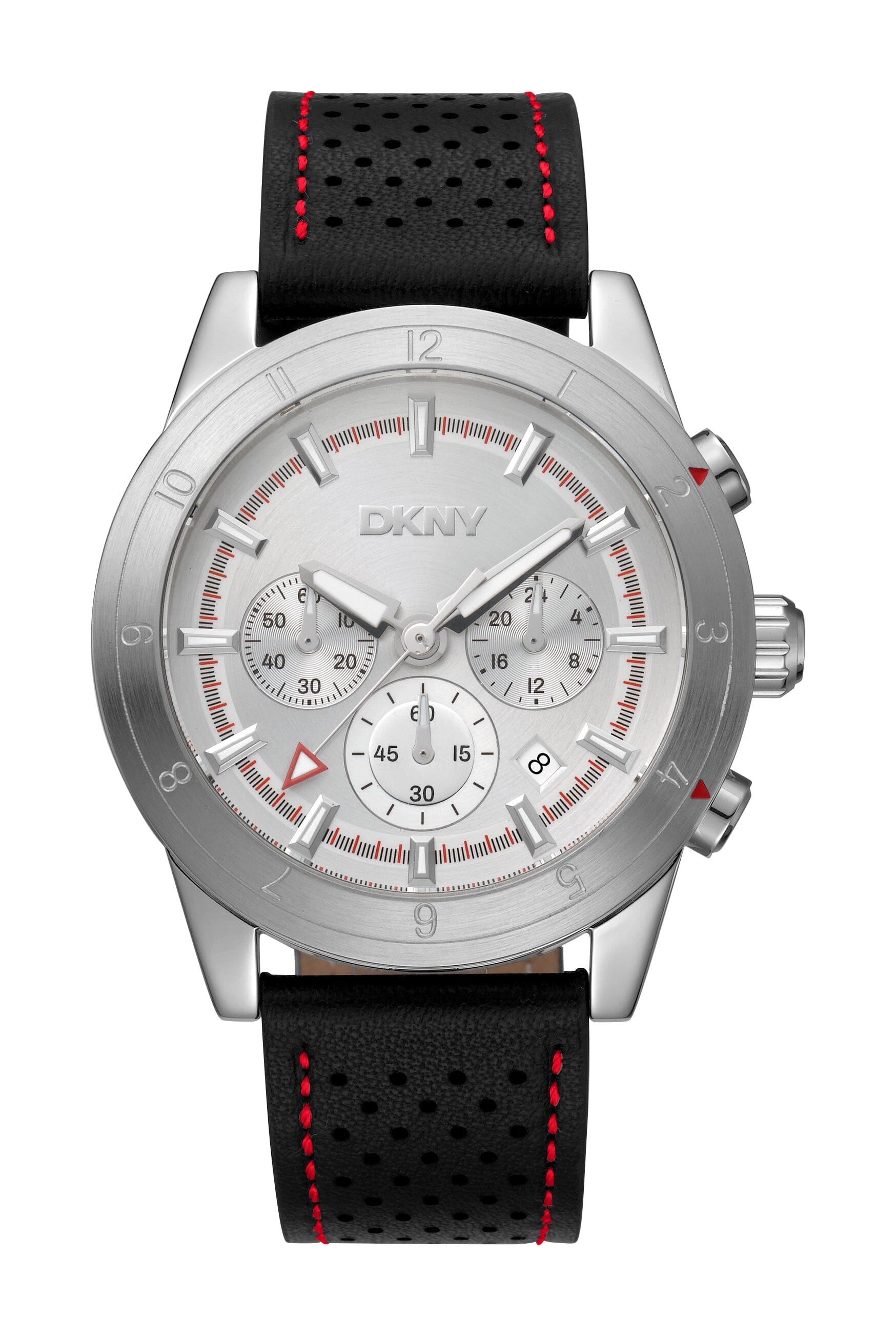 DK1G051L0015 DKNY Men's Black Leather Strap Silver Chronograph Watch 44mm Watches DKNY 