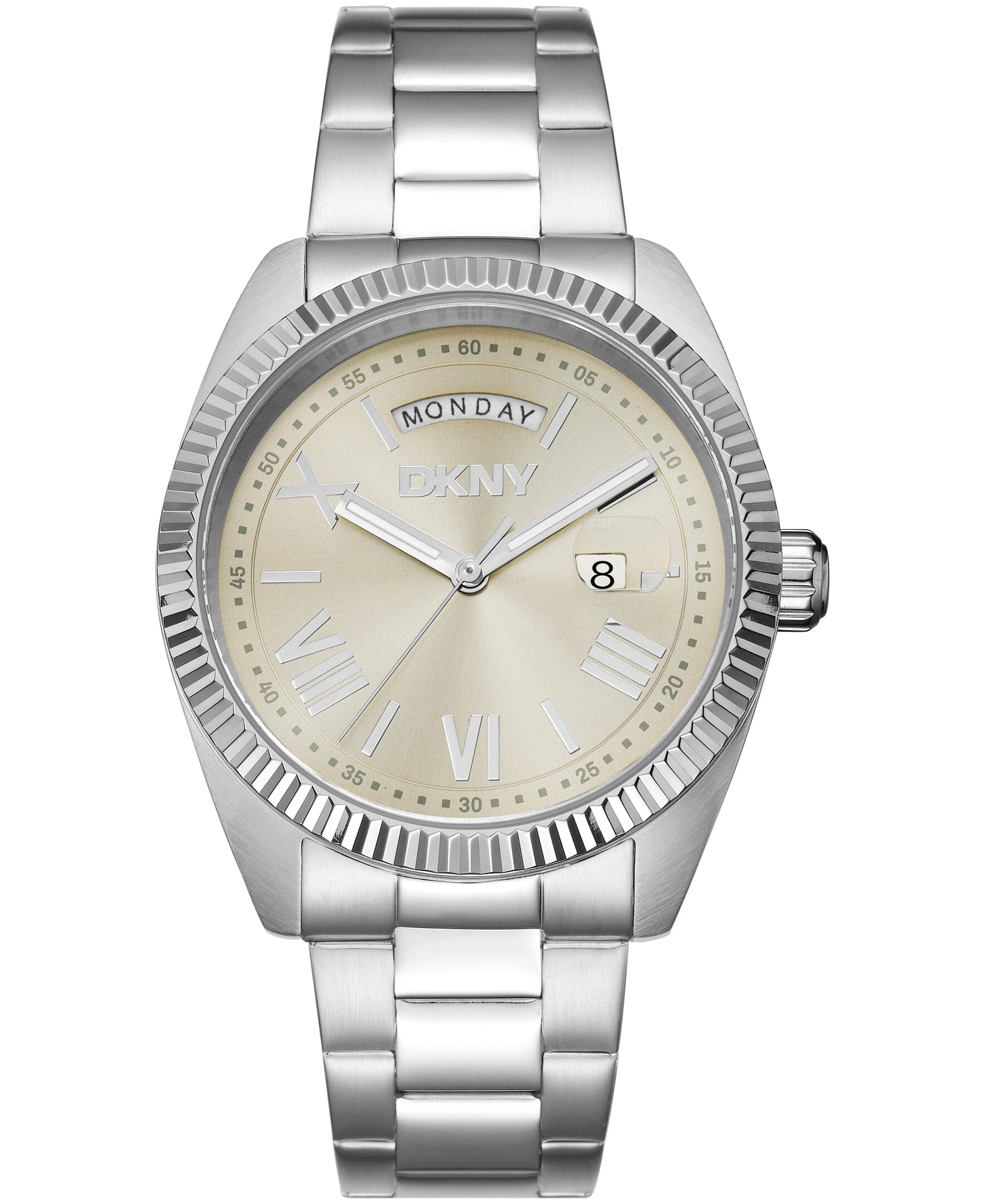 DK1G141M0015 DKNY Men's Day Date Fluted Bezel Stainless Steel Bracelet Watch 41mm Watches DKNY 
