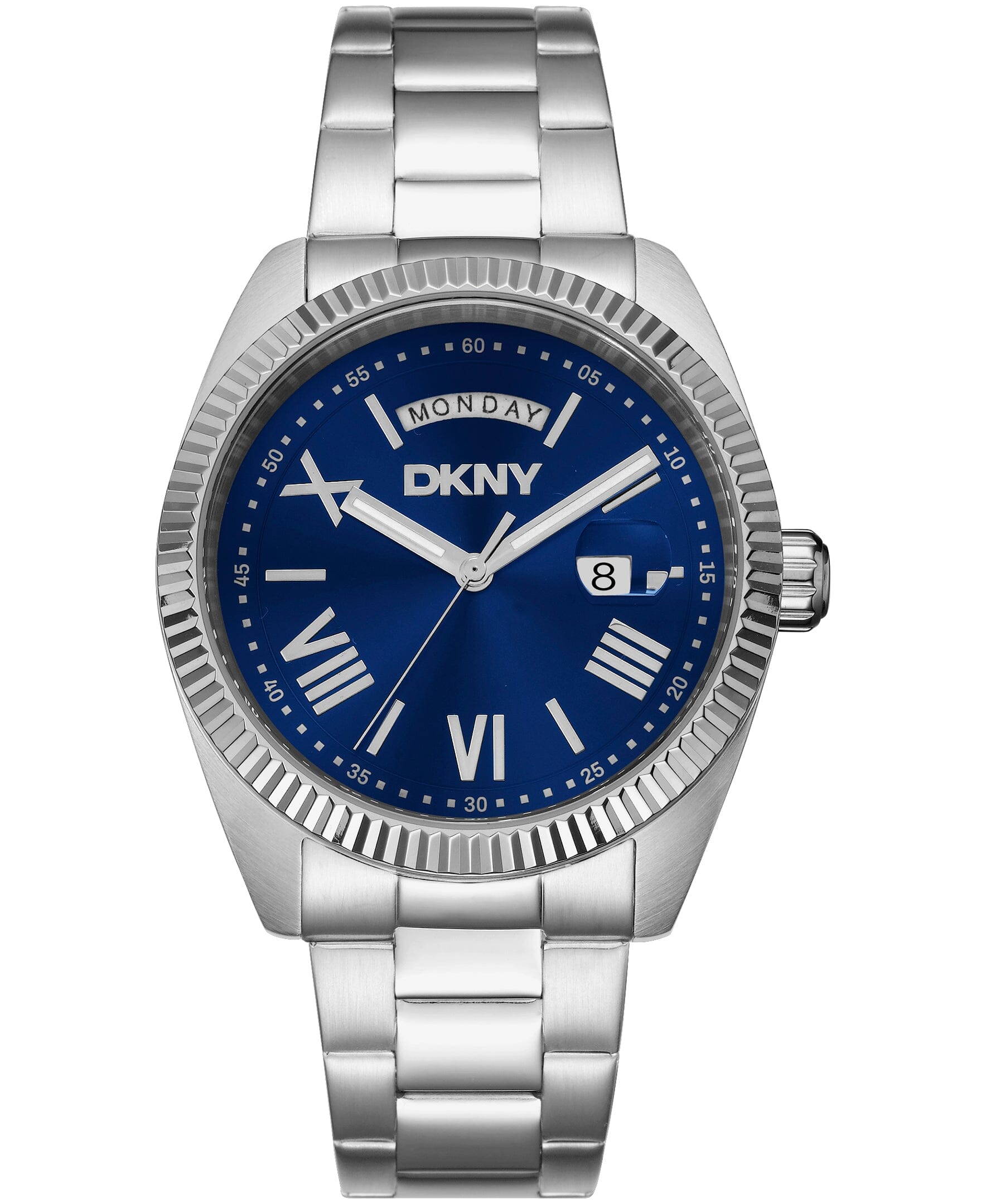 DK1G141M0035 DKNY Men's Day Date Fluted Bezel Stainless Steel Bracelet Watch 41mm Watches DKNY 