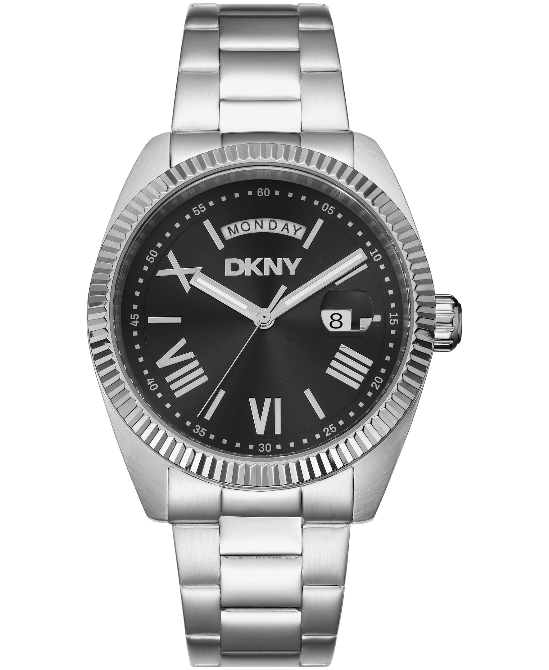 DK1G141M0045 DKNY Men's Day Date Fluted Bezel Stainless Steel Bracelet Watch 41mm Watches DKNY 