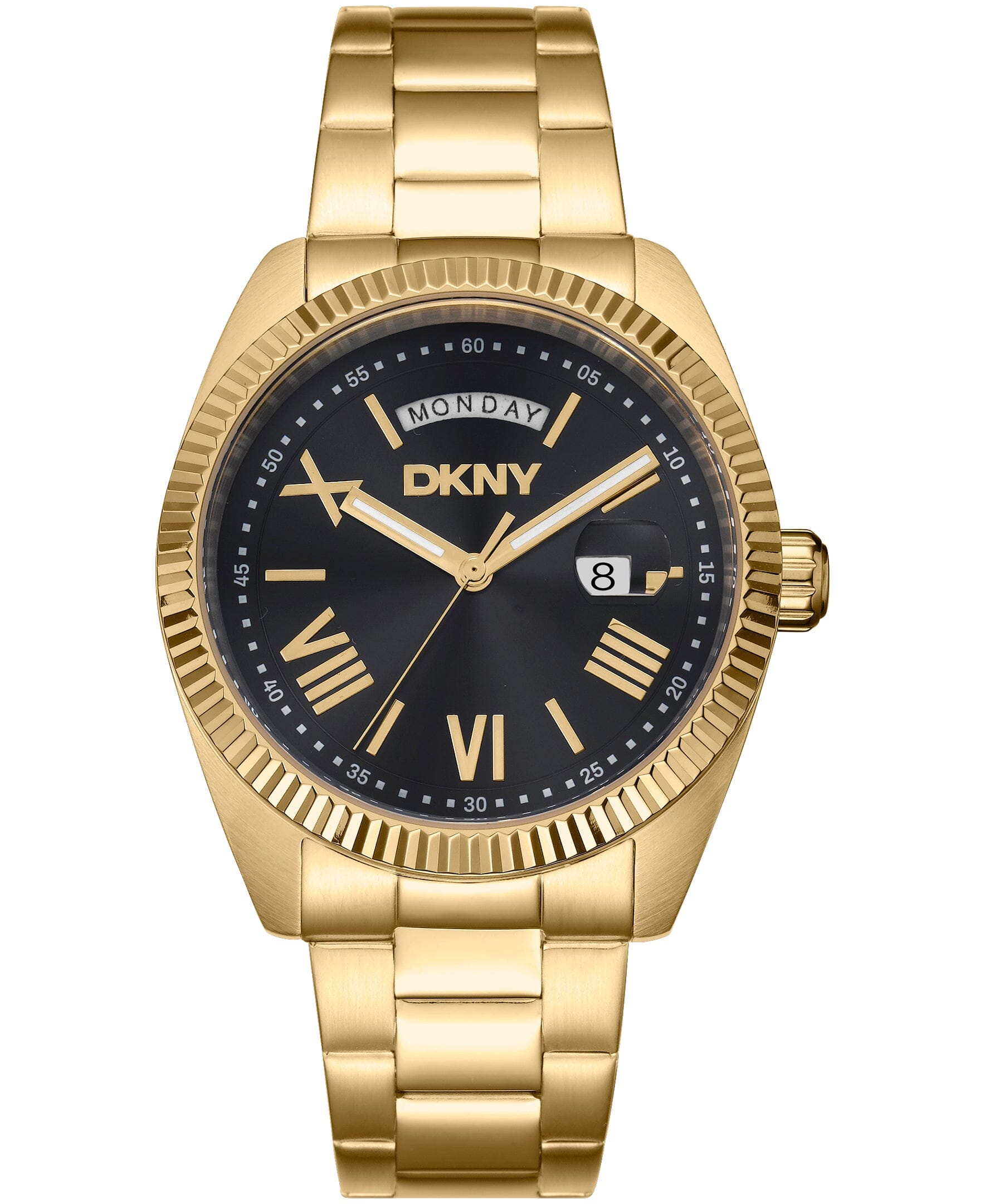 DK1G141M0065 DKNY Men's Day Date Fluted Bezel Gold-Tone Stainless Steel Bracelet Watch 41mm Watches DKNY 