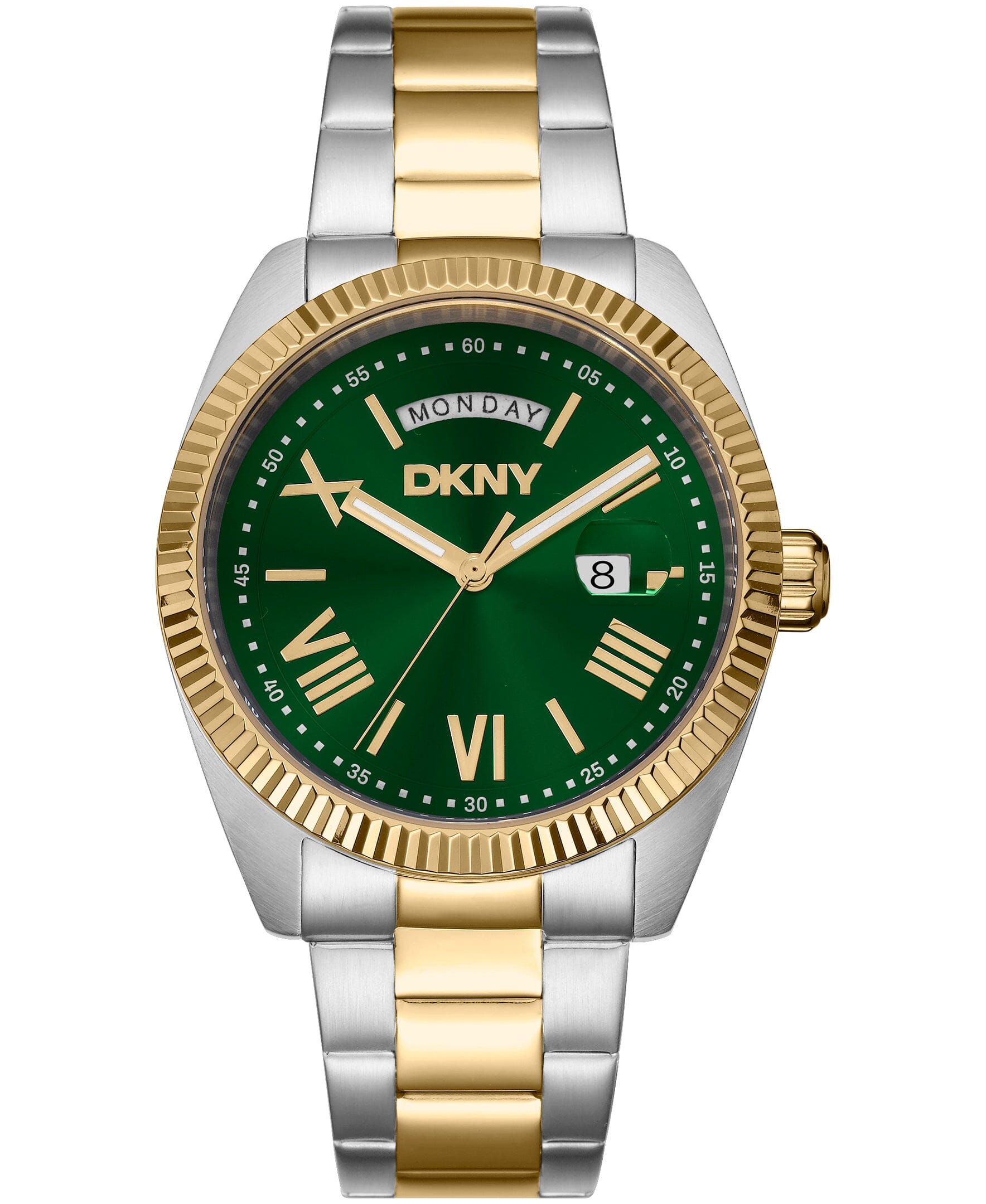 DK1G141M0075 DKNY Men's Day Date Fluted Bezel Two-Tone Gold Stainless Steel Bracelet Watch 41mm Watches DKNY 