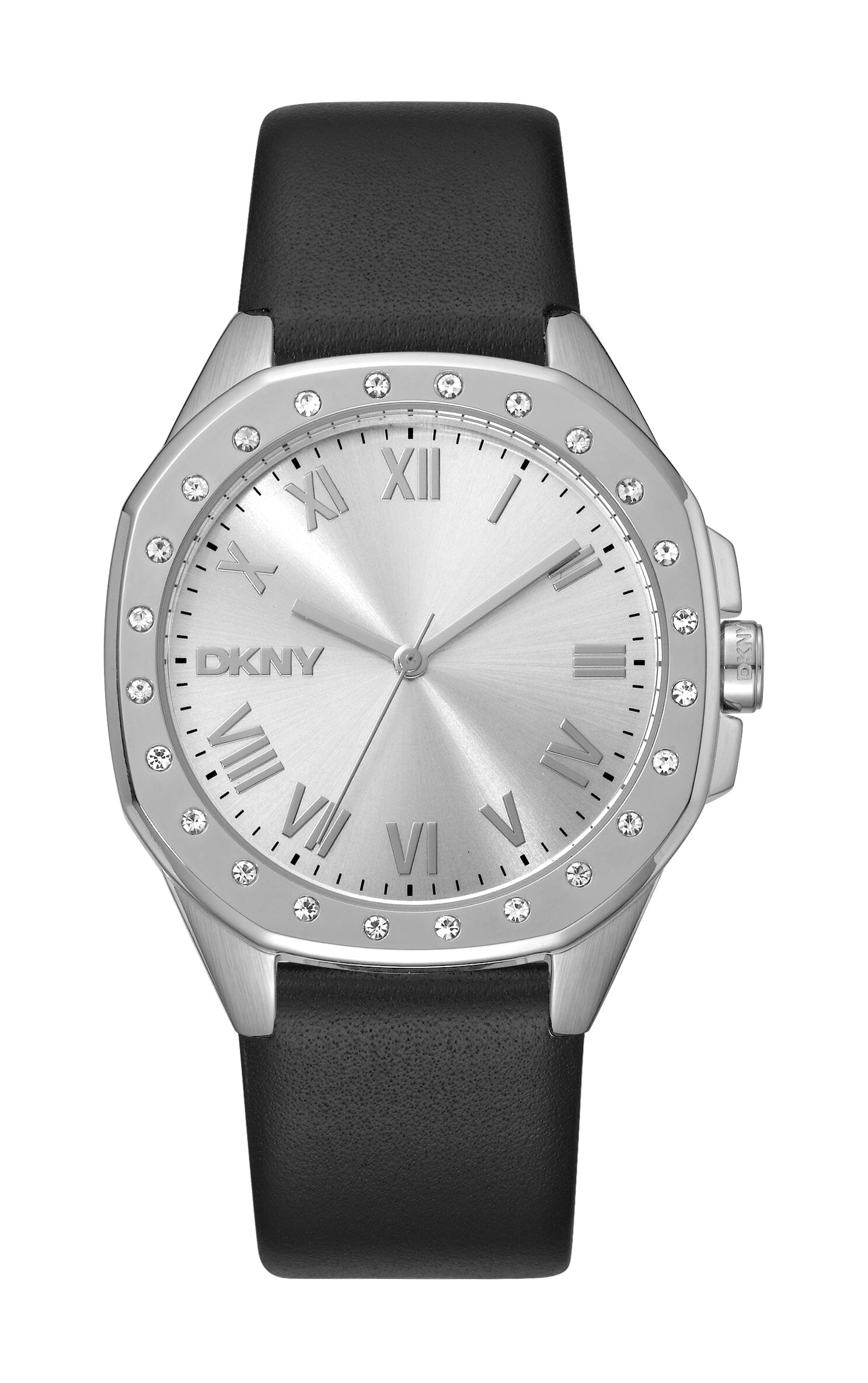 DK1L011L0015 DKNY Evening Silver Dial Black Leather Strap Women's Watch 36mm Watches DKNY 