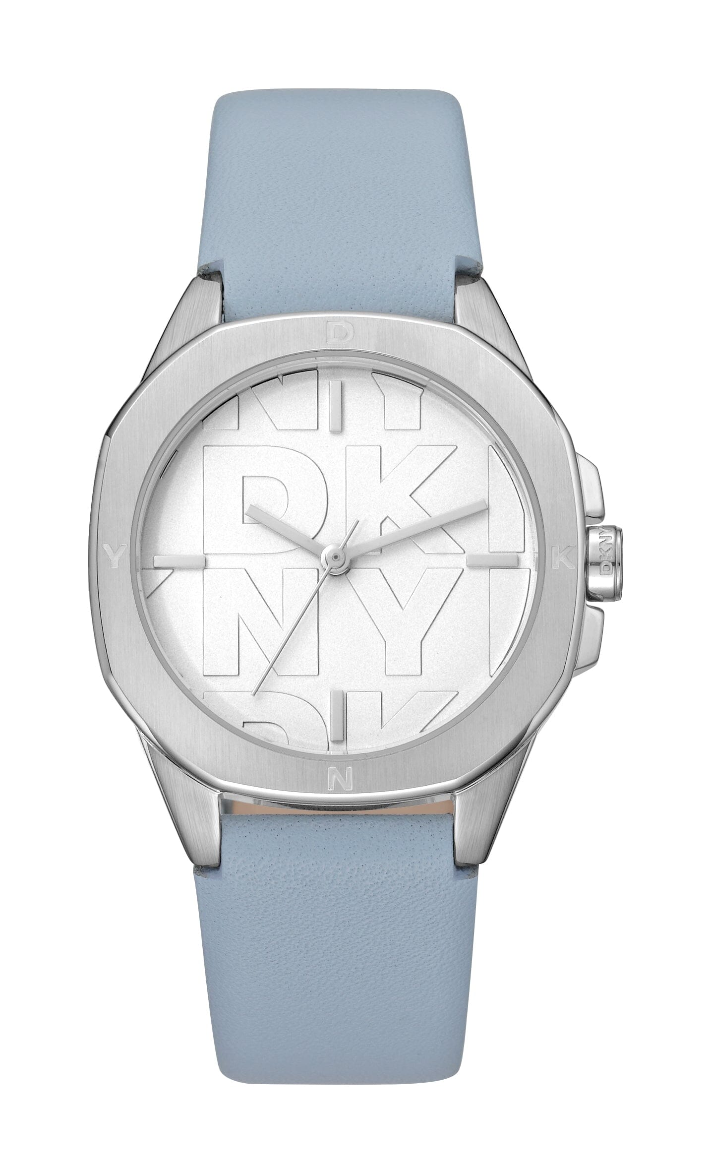 DK1L012L0015 DKNY Logo Silver Dial Light Blue Leather Strap Silver Women's Watch 34mm Watches DKNY 