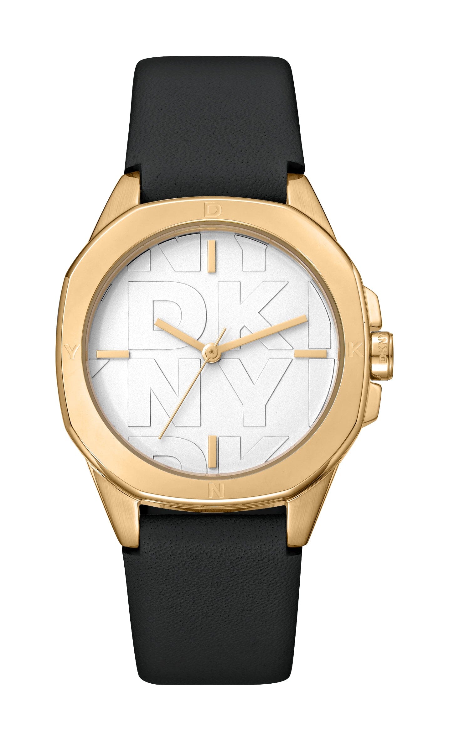 DK1L012L0025 DKNY Logo Silver Dial Black Leather Strap Gold Women's Watch 34mm Watches DKNY 