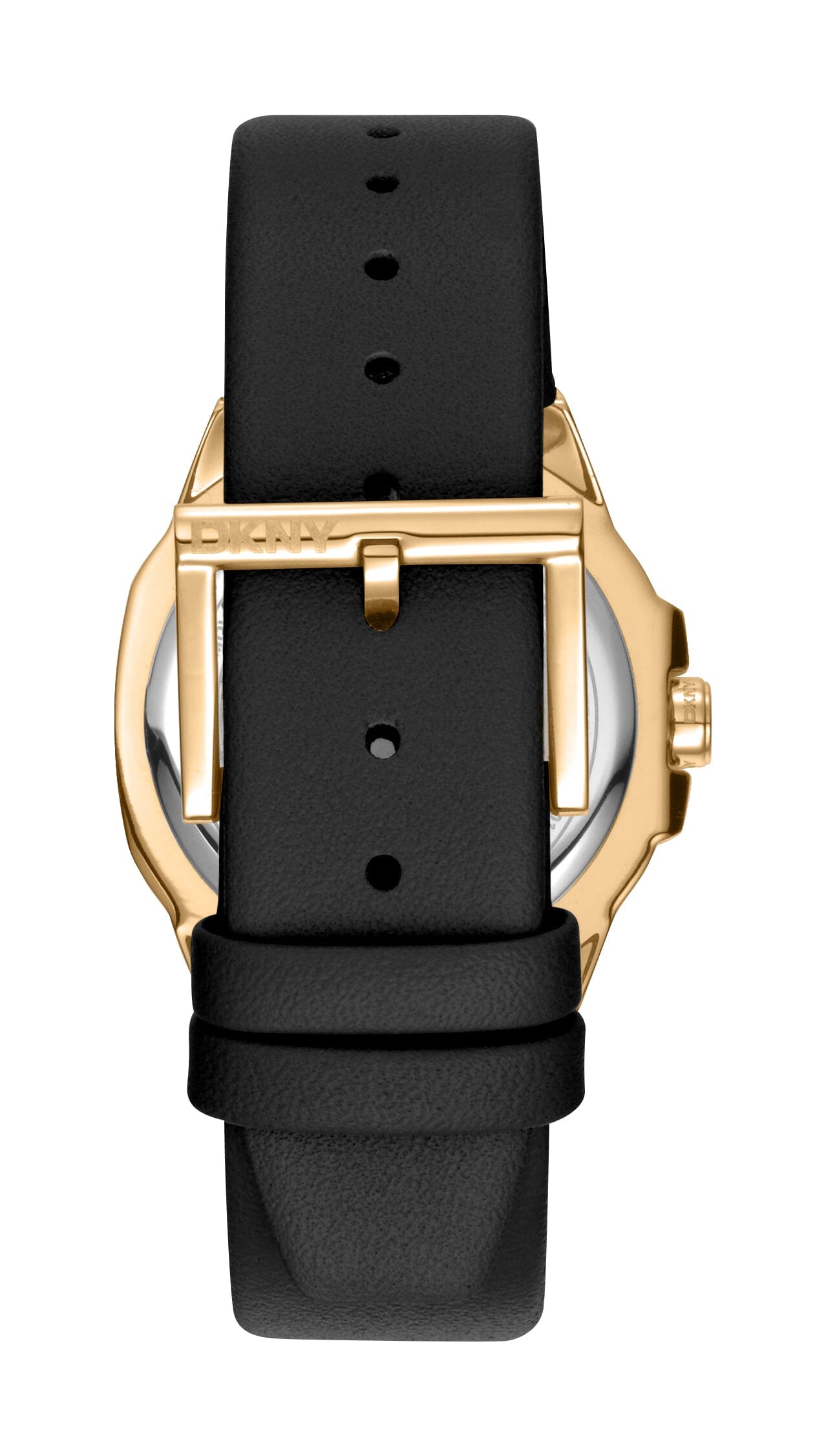 DK1L012L0025 DKNY Logo Silver Dial Black Leather Strap Gold Women's Watch 34mm Watches DKNY 