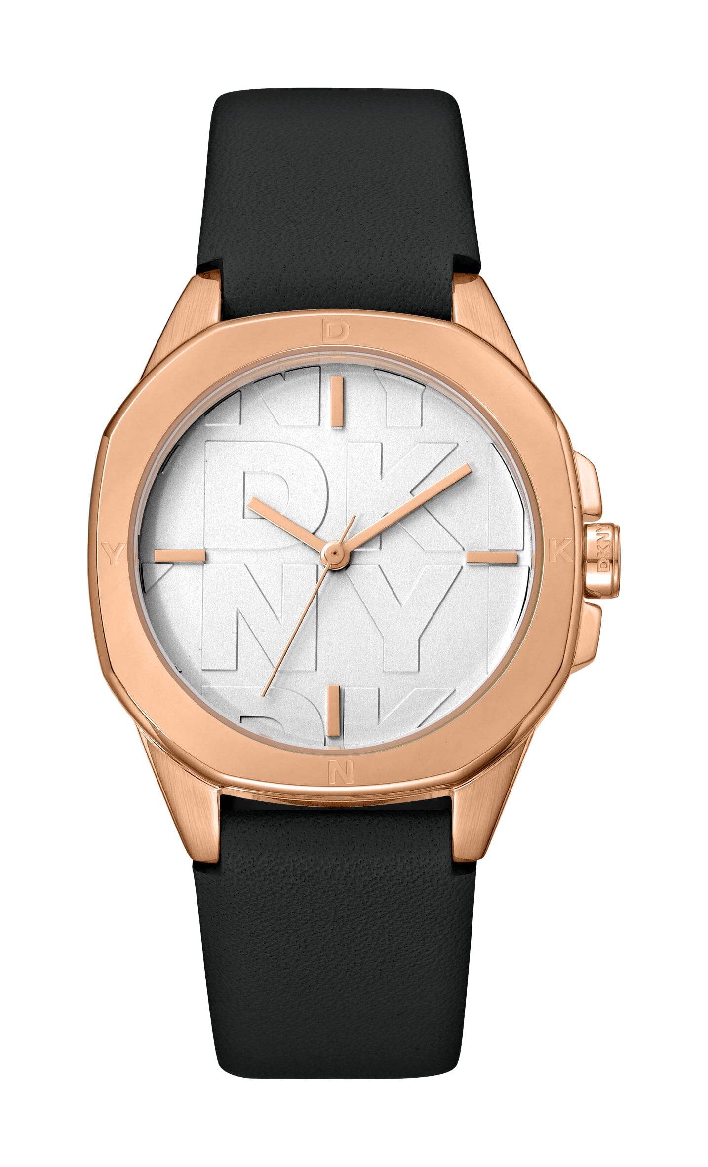 DK1L012L0035 DKNY Logo Silver Dial Black Leather Strap Rose Gold Women's Watch 34mm Watches DKNY 