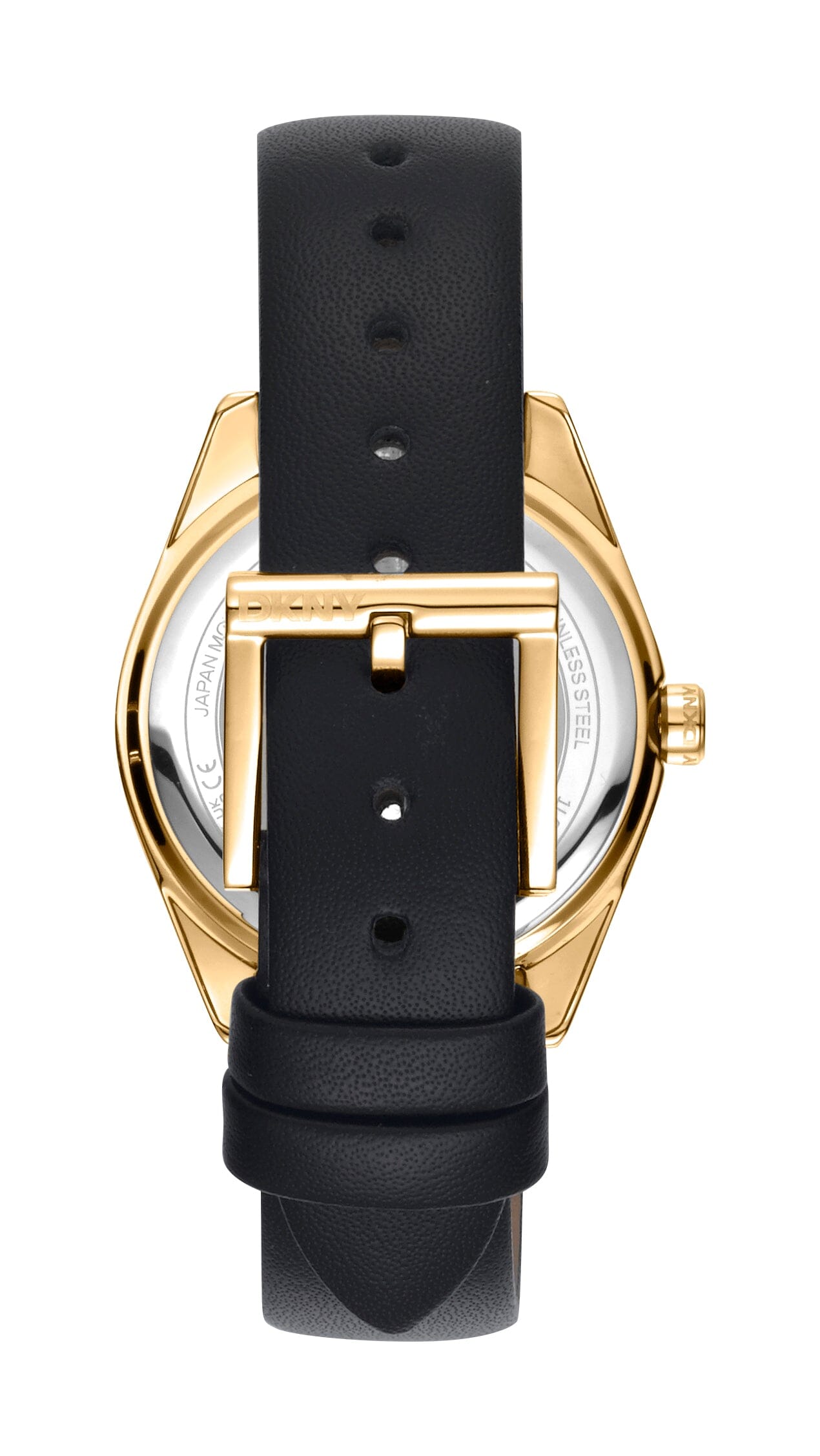DK1L016L0025 DKNY Logo Black Dial Leather Strap Gold Women's Watch 34mm Watches DKNY 