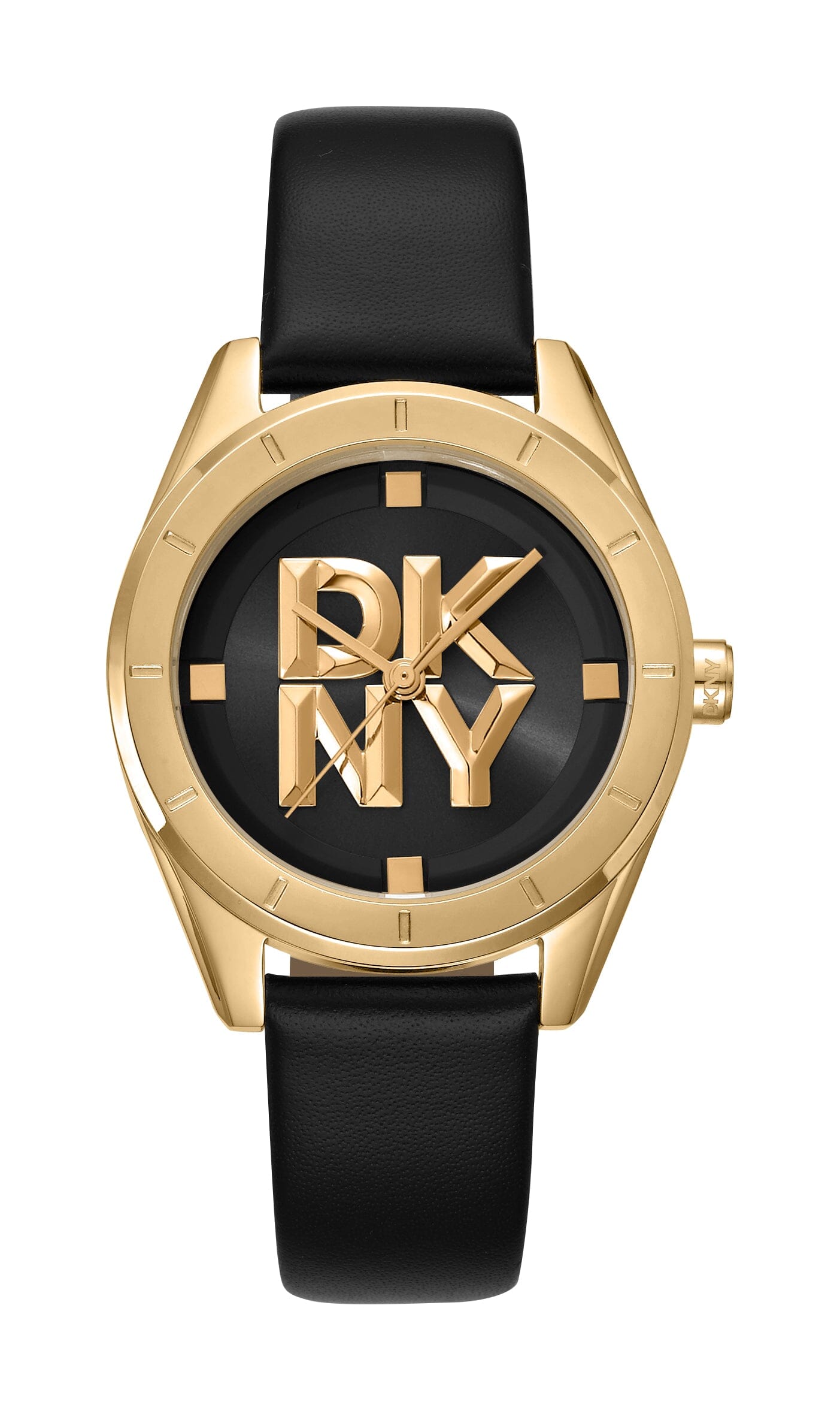 DK1L016L0025 DKNY Logo Black Dial Leather Strap Gold Women's Watch 34mm Watches DKNY 