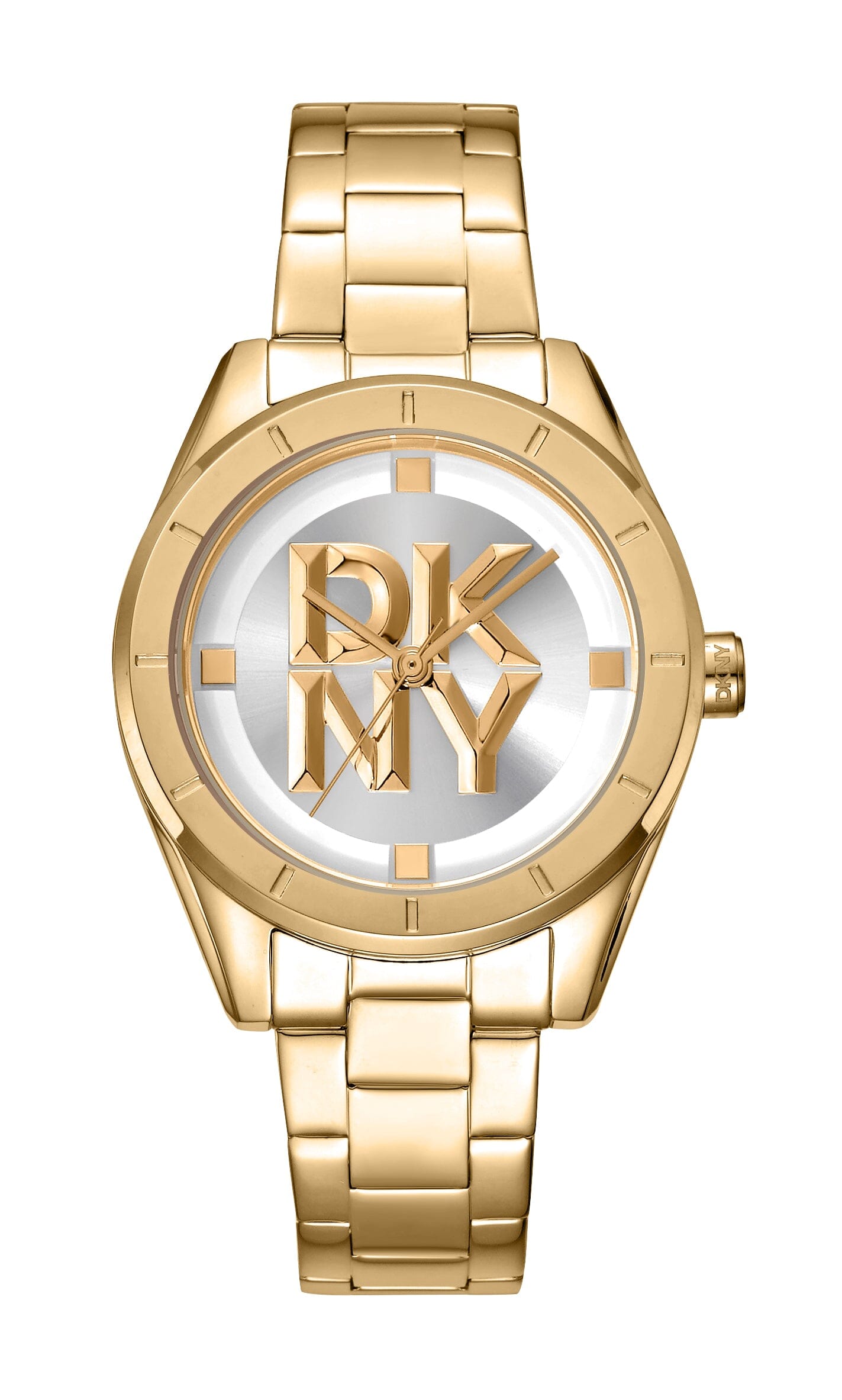 DK1L016M0065 DKNY Logo Silver White Dial Stainless Steel Gold Women's Watch 34mm Watches DKNY 