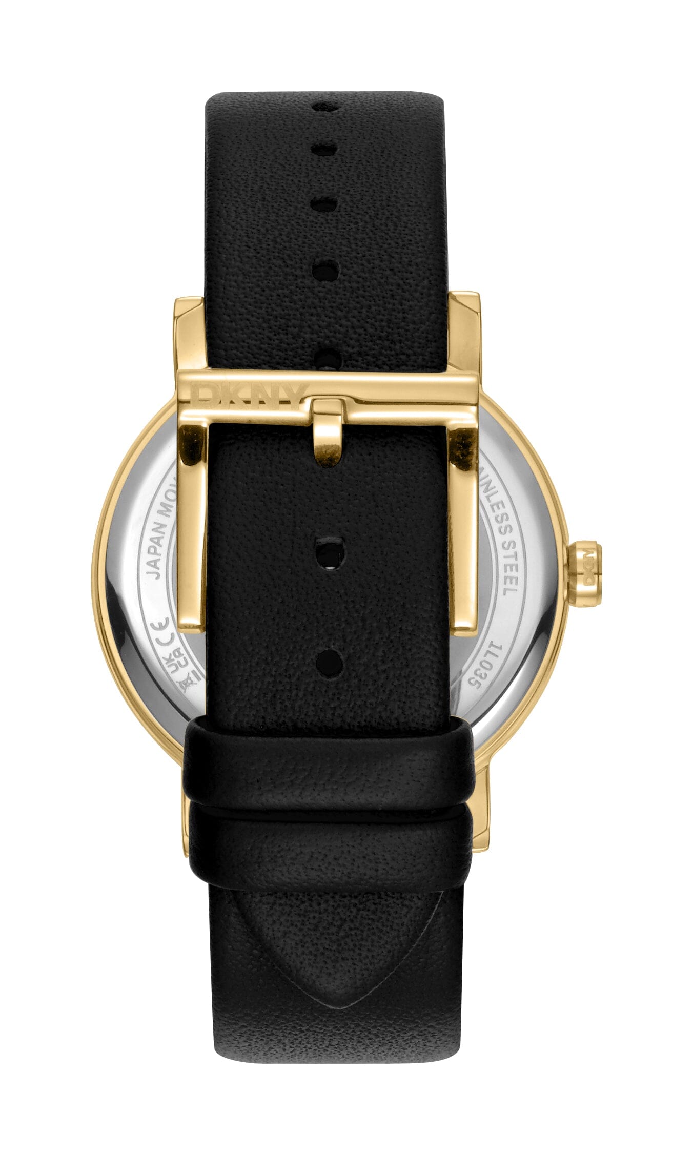 DK1L035L0025 DKNY Logo Silver Dial Black Leather Strap Gold Women's Watch 36mm Watches DKNY 
