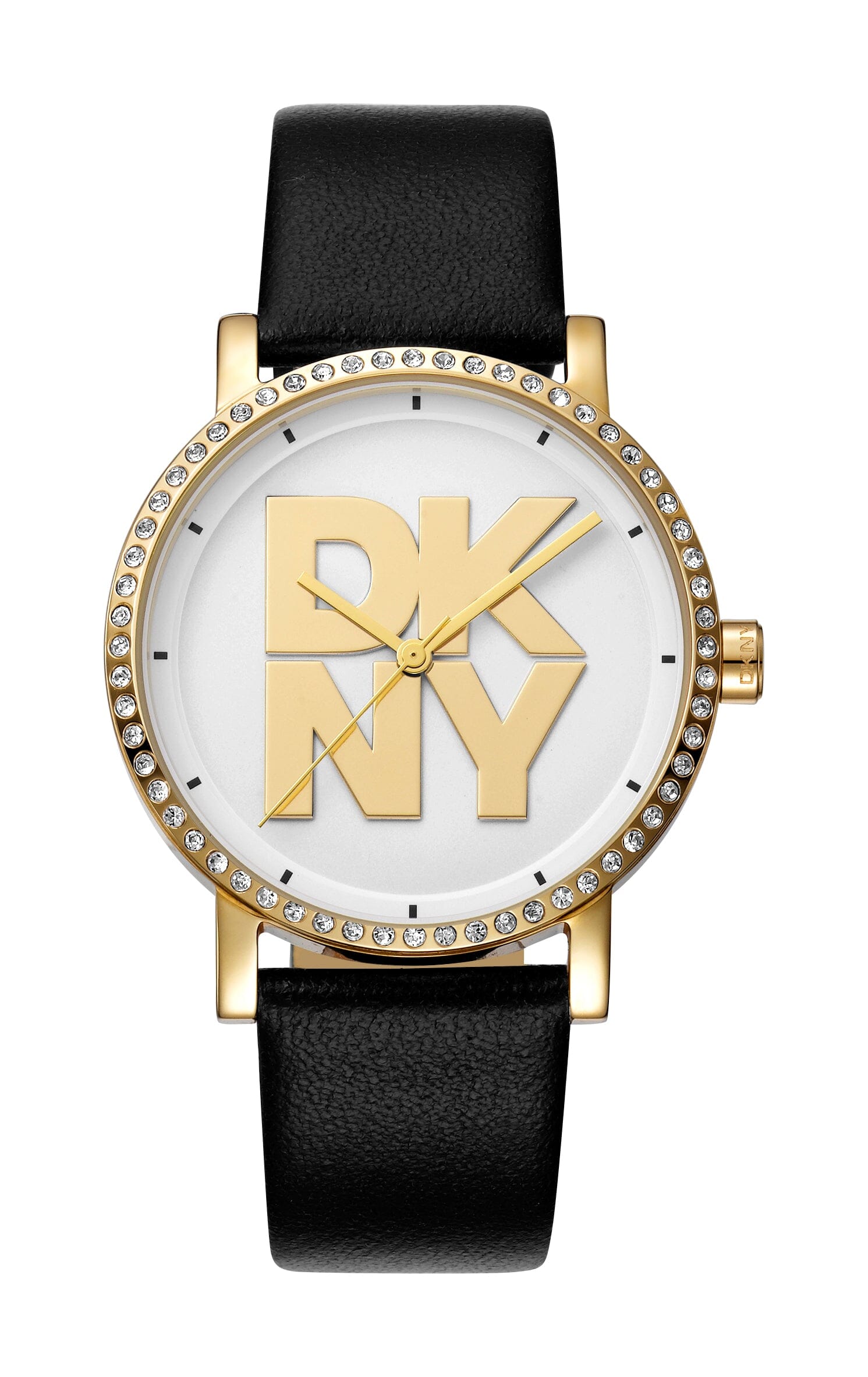 DK1L035L0025 DKNY Logo Silver Dial Black Leather Strap Gold Women's Watch 36mm Watches DKNY 