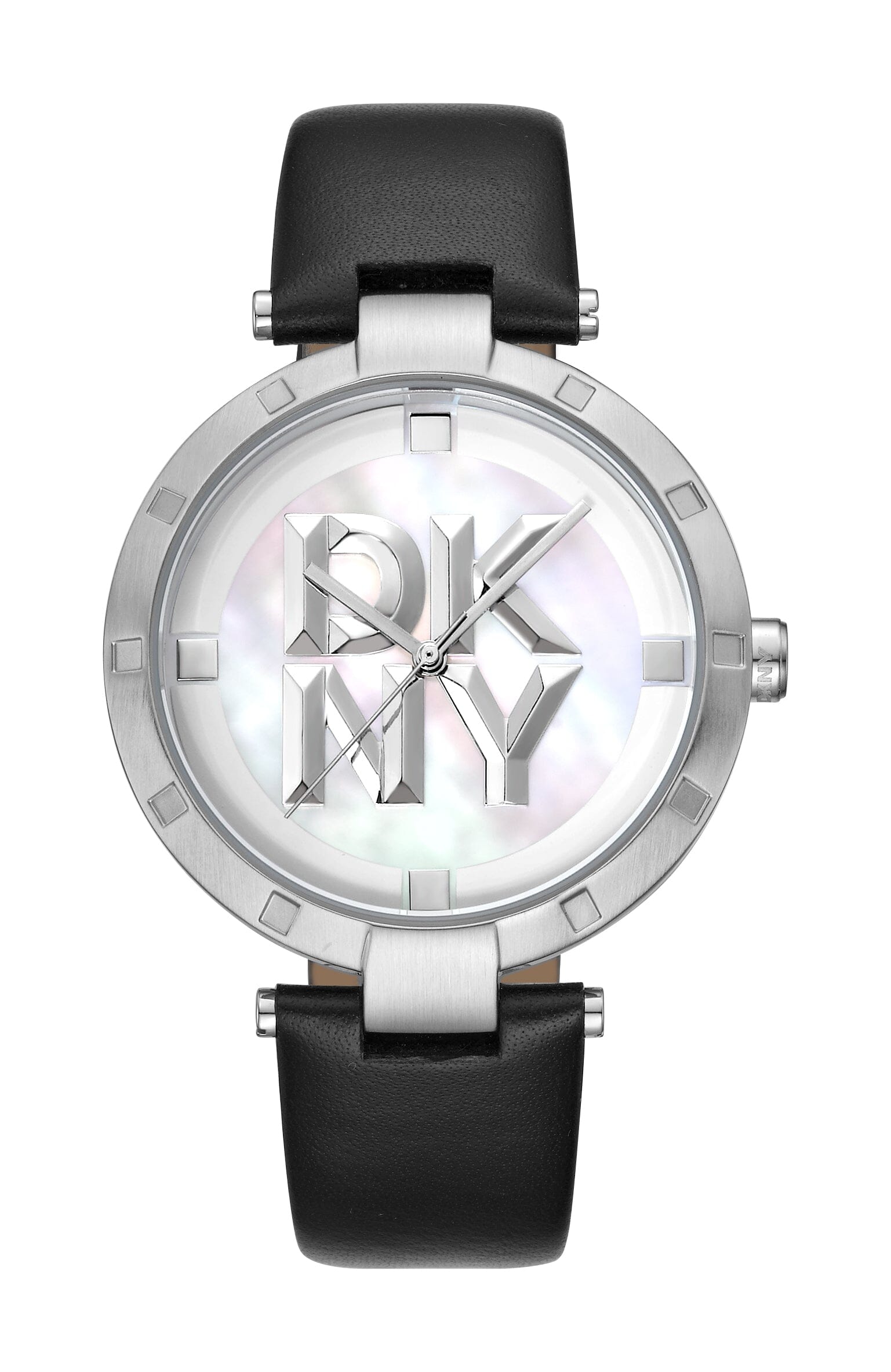 DK1L041L0015 DKNY Logo White MOP Dial Black Leather Strap Women's Watch 38mm Watches DKNY 