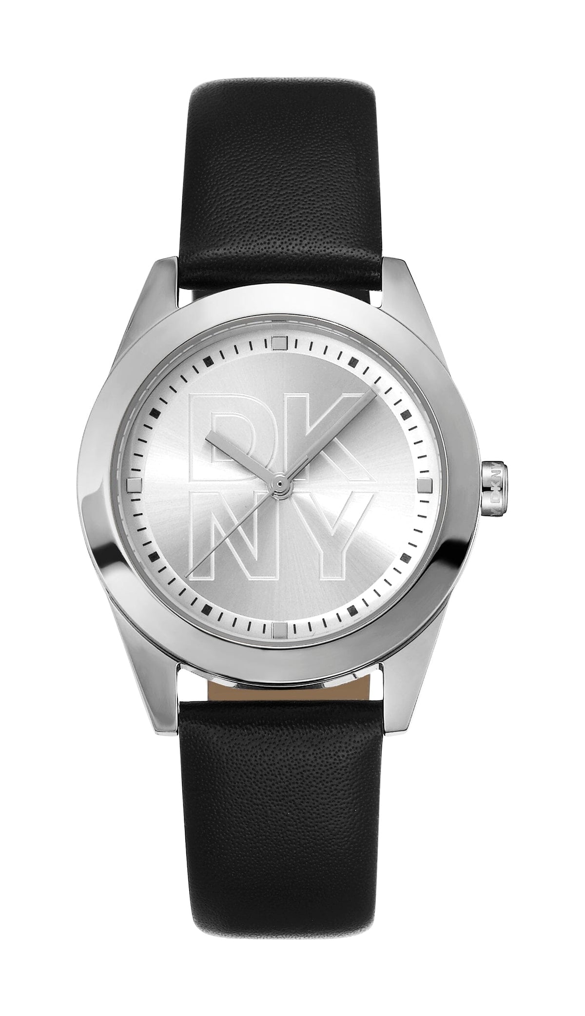 DK1L060L0015 DKNY Logo Silver Dial Black Leather Strap Women's Watch 32mm Watches DKNY 