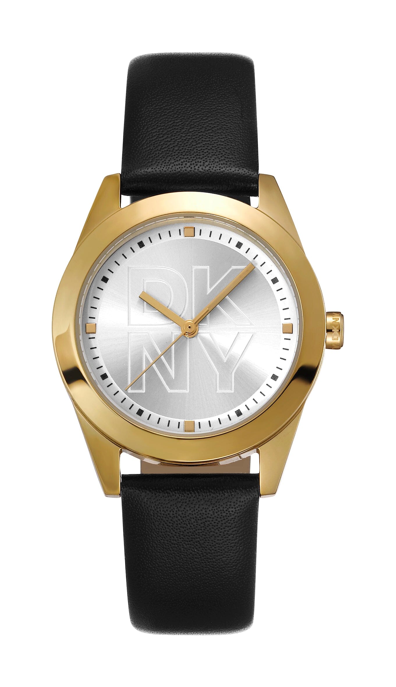 DK1L060L0025 DKNY Logo Silver Dial Black Leather Strap Gold Women's Watch 32mm Watches DKNY 