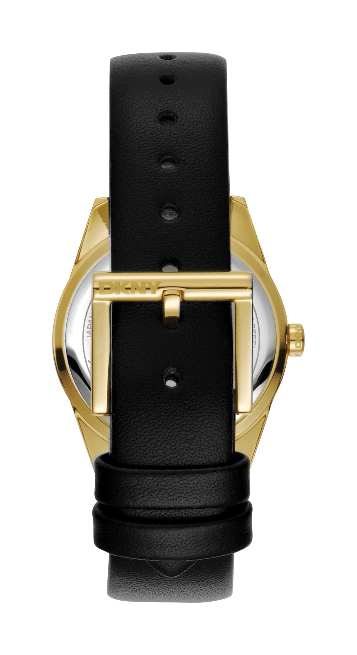 DK1L060L0025 DKNY Logo Silver Dial Black Leather Strap Gold Women's Watch 32mm Watches DKNY 
