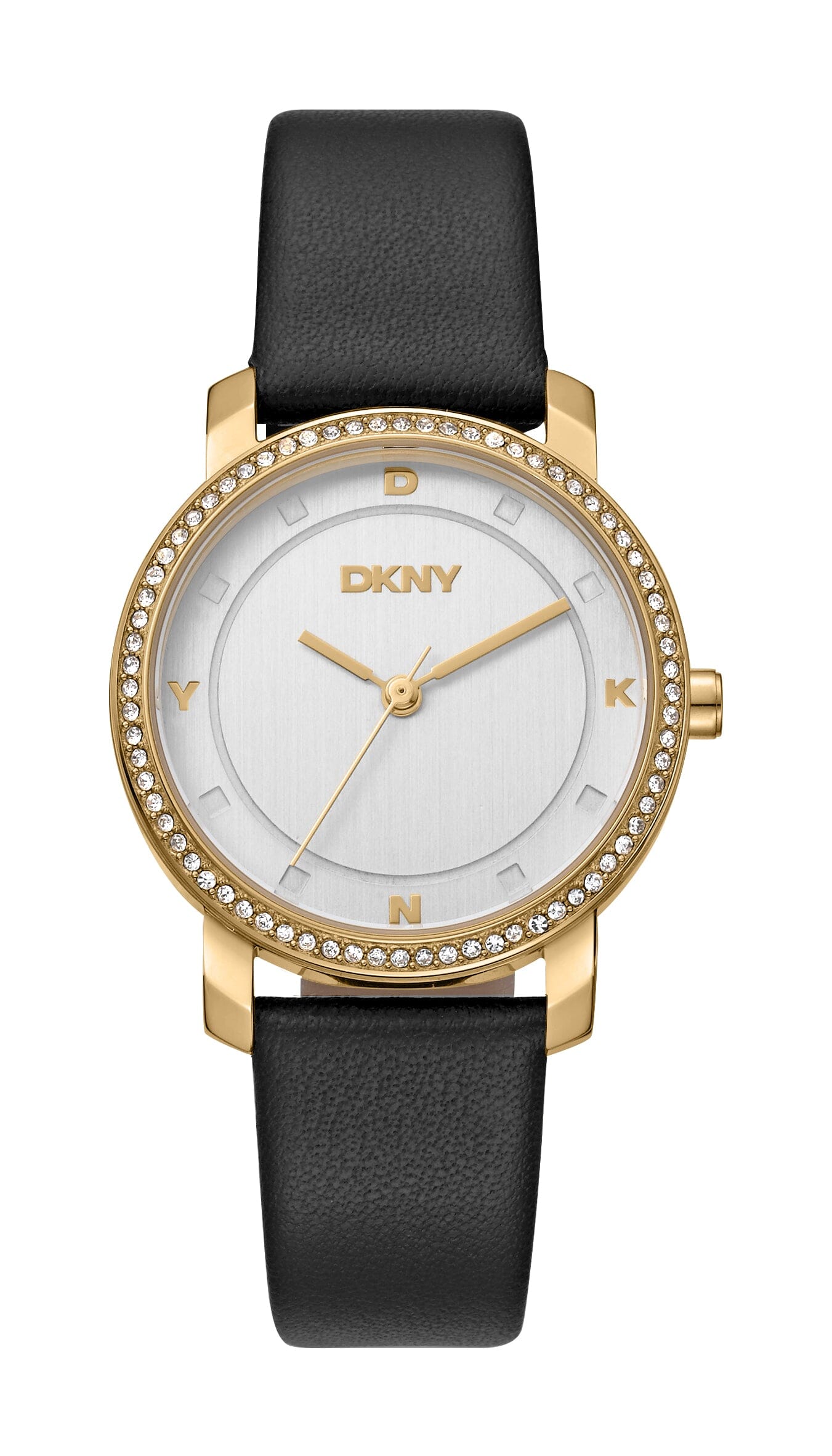 DK1L065L0025 DKNY Evening Silver Dial Black Leather Strap Gold Women's Watch 32mm Watches DKNY 