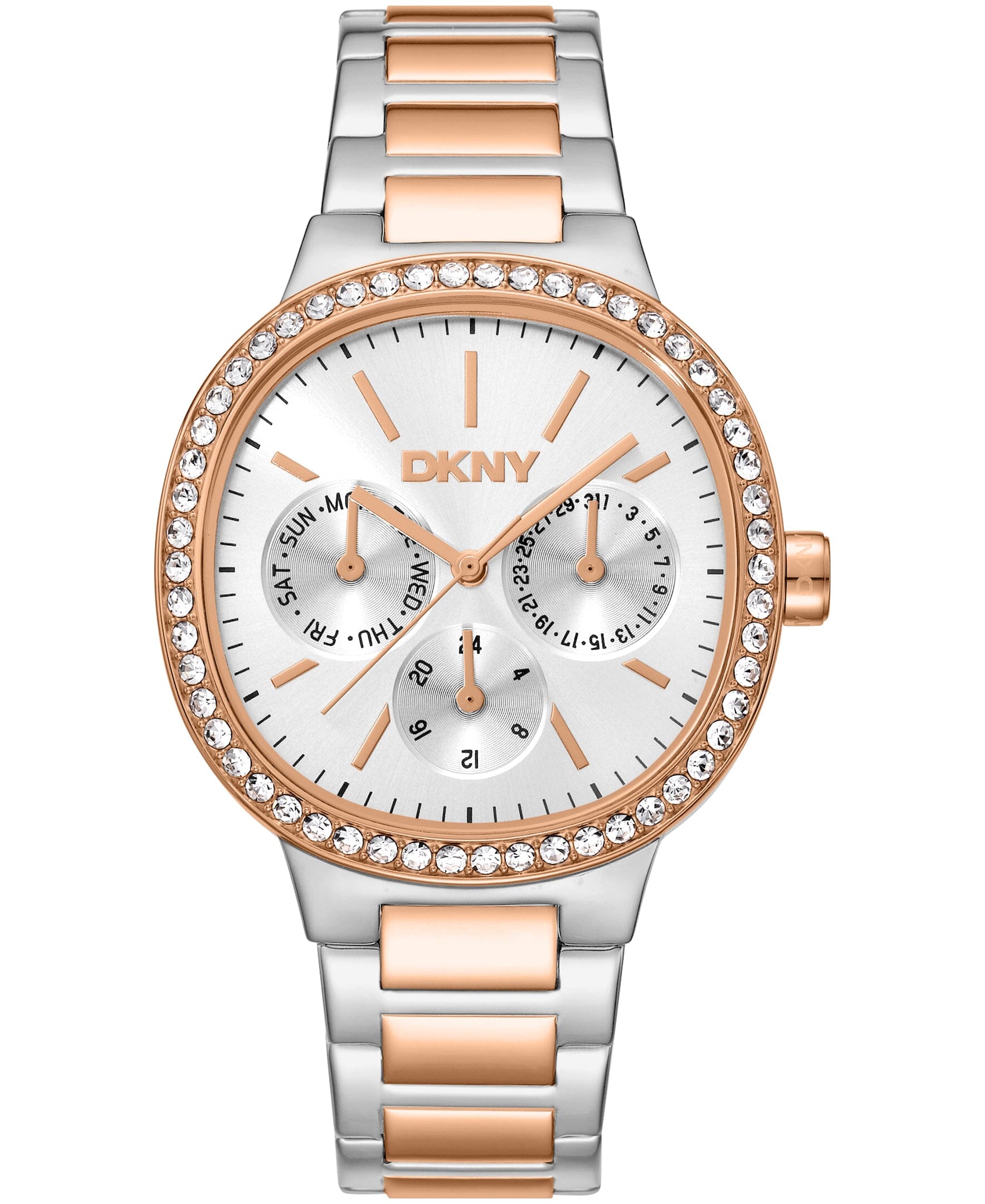 DK1L084M0095 DKNY Women's Crystal Bezel Two-Tone Red Gold Stainless Steel Bracelet Multifunctional Watch 36mm Watches DKNY 