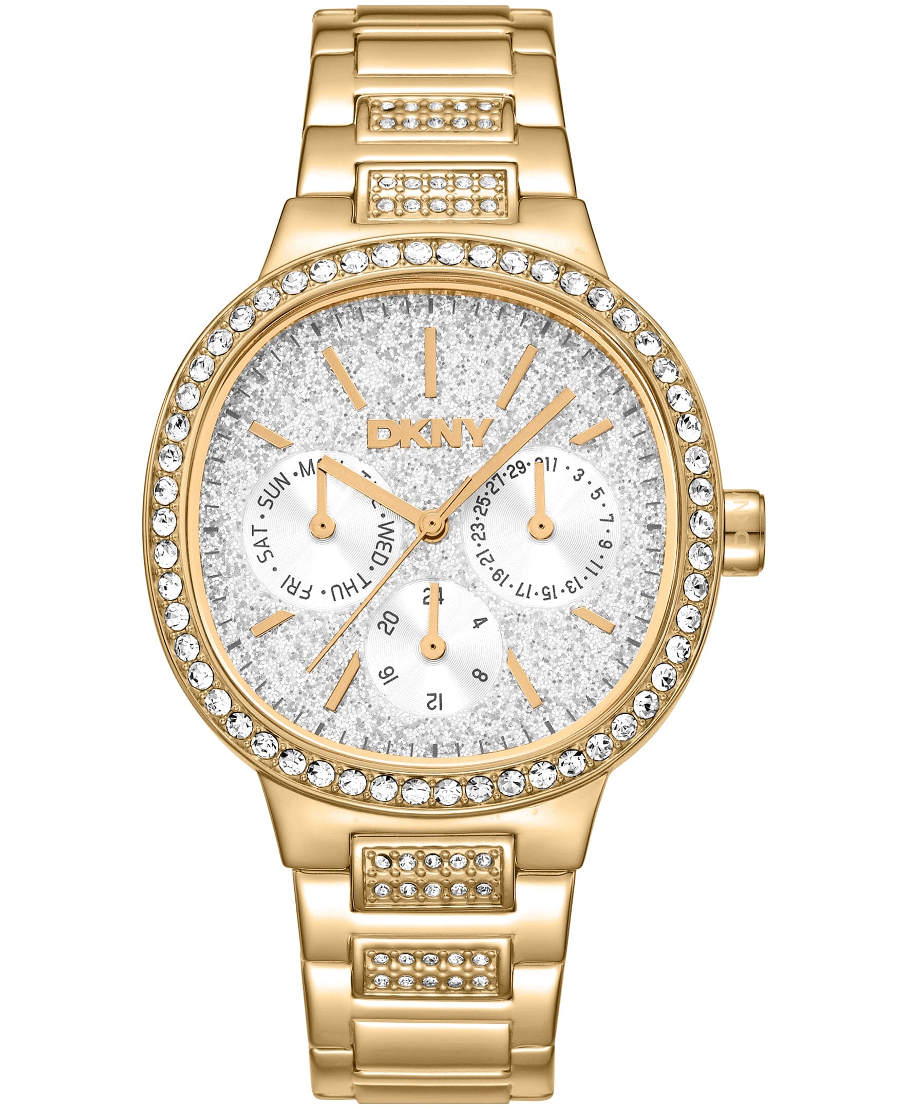 DK1L084M0225 DKNY Women's Crystal Covered Dial Crystal Bezel Gold-Tone Stainless Steel Bracelet Multifunctional Watch 36mm Watches DKNY 