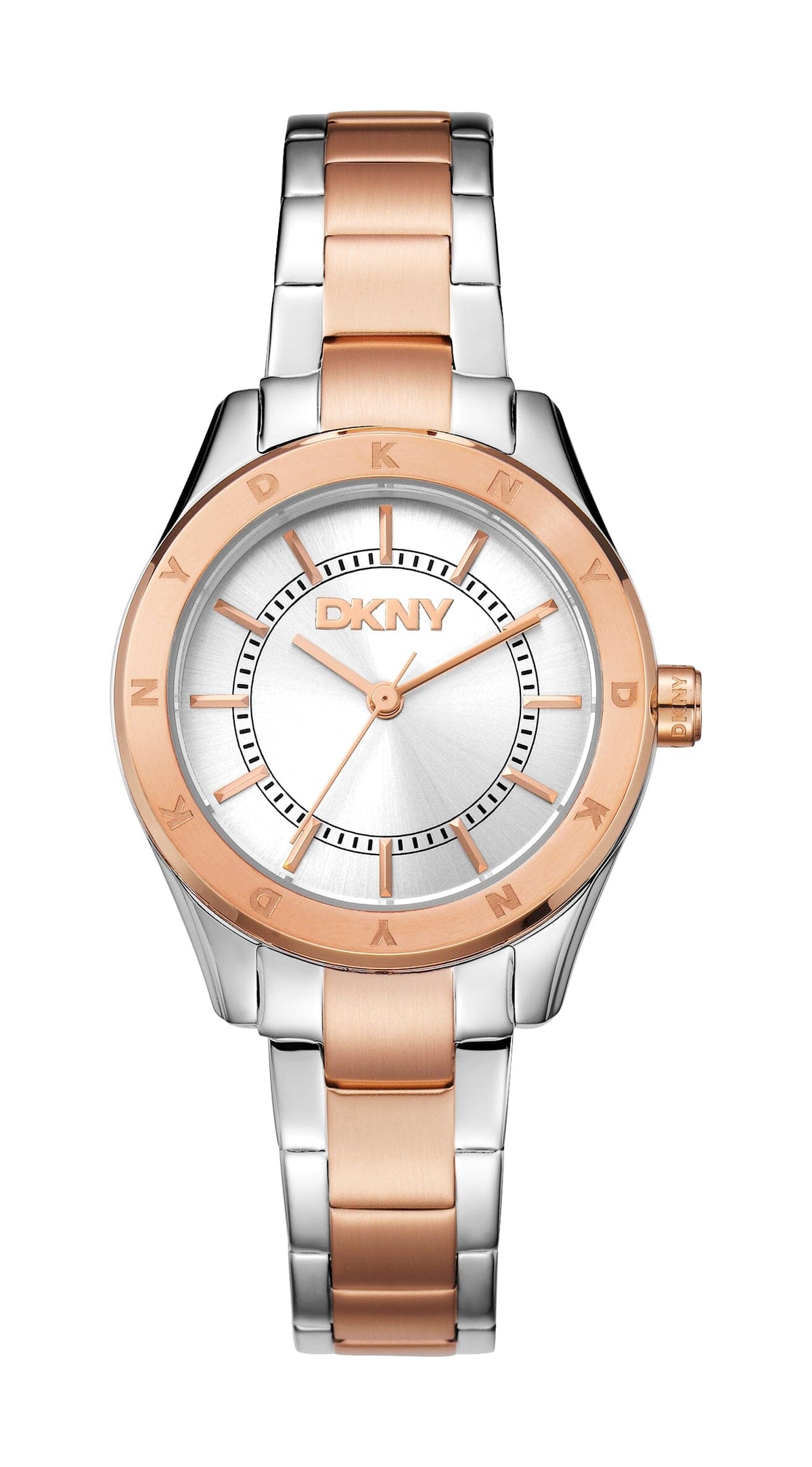 DK5L018M0075 DKNY Women's Silver Dial Two Tone Silver & Rose Gold Stainless Steel Bracelet Watch DKNY 