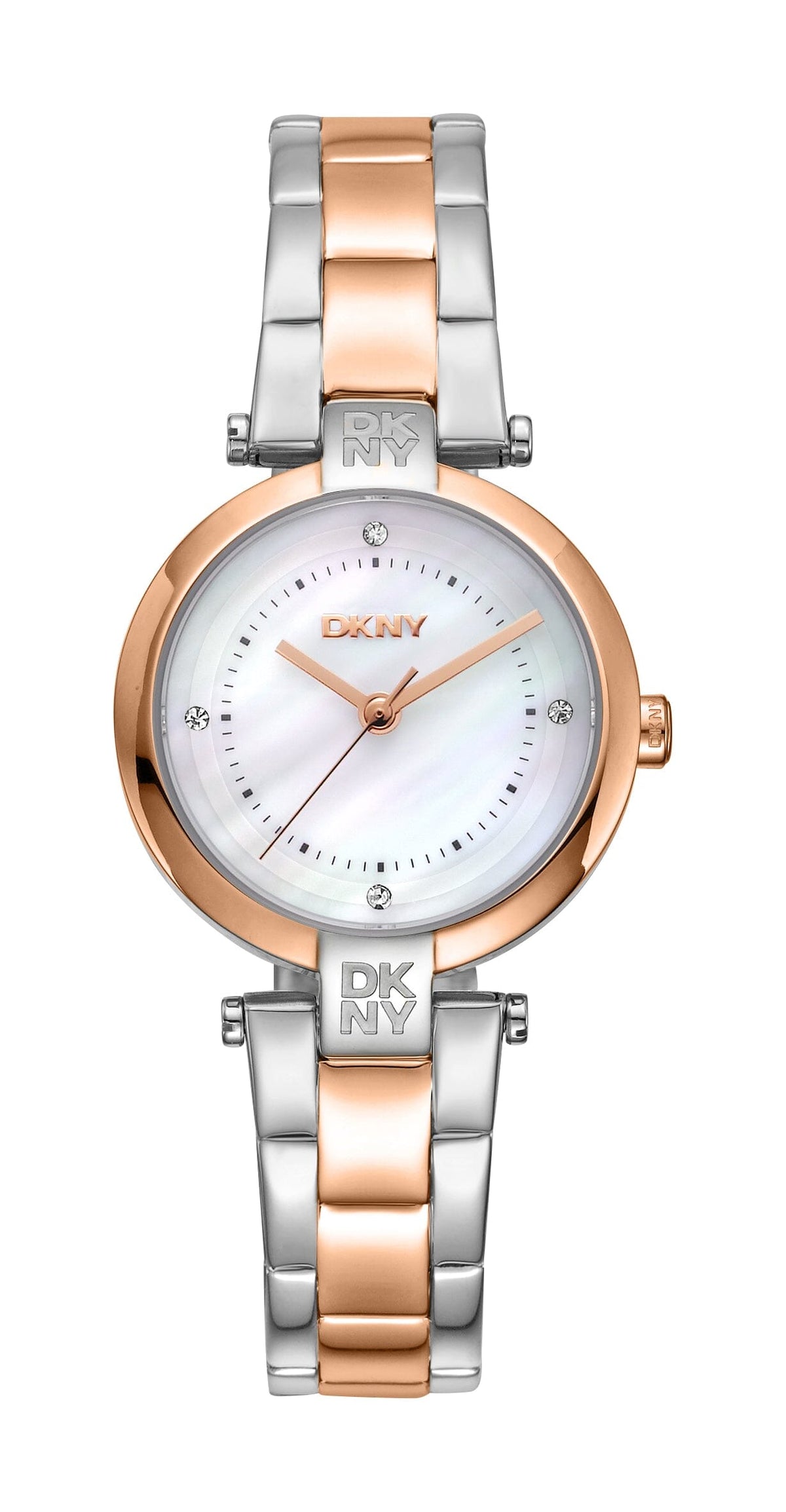 DK5L043M0095 DKNY Women's White MOP Dial Two Tone Silver & Rose Gold Stainless Steel Bracelet Watch DKNY 