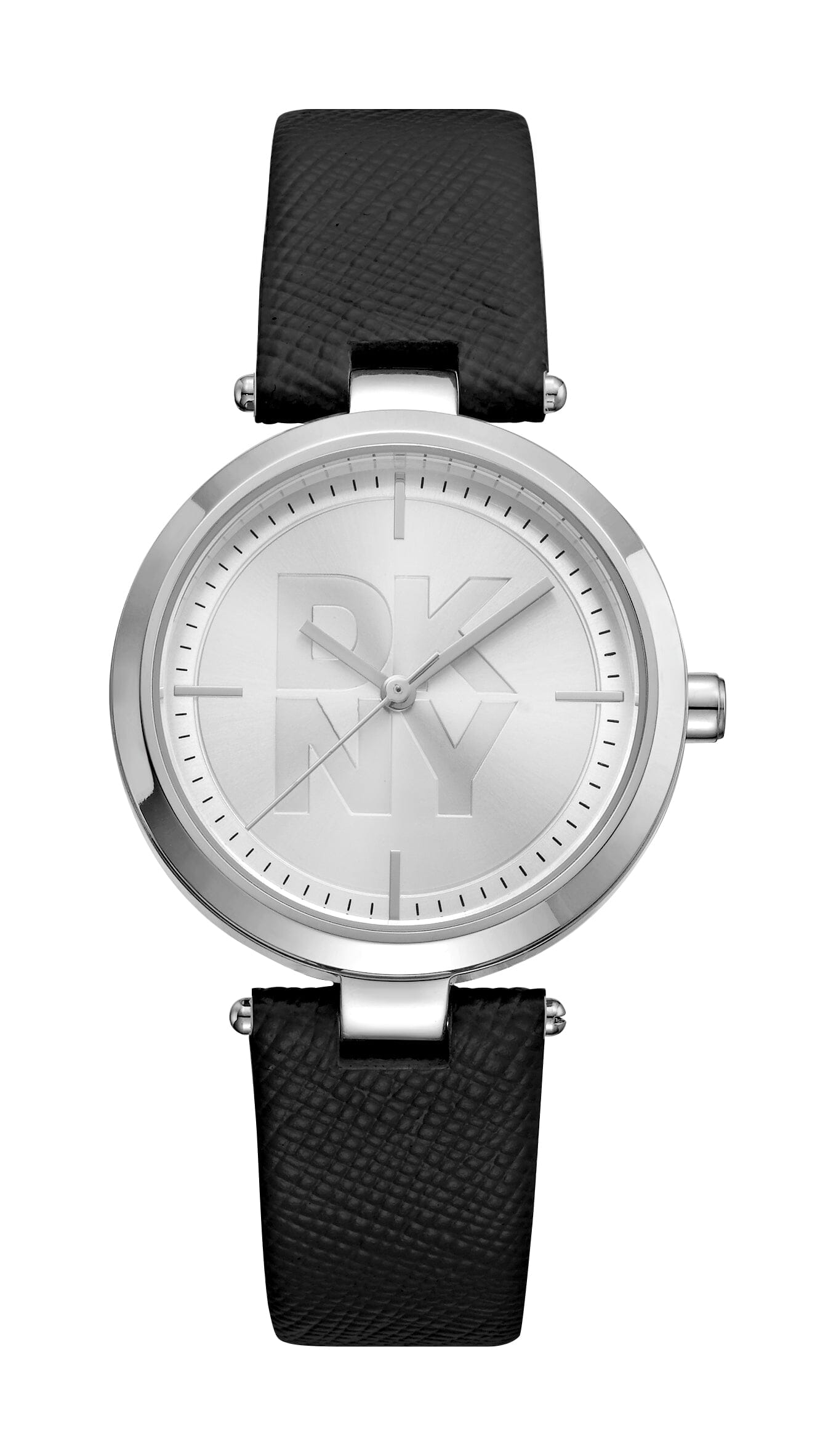 DK5L067L0015 DKNY Logo Black Leather Strap Silver Women's Watch 32mm Watches DKNY