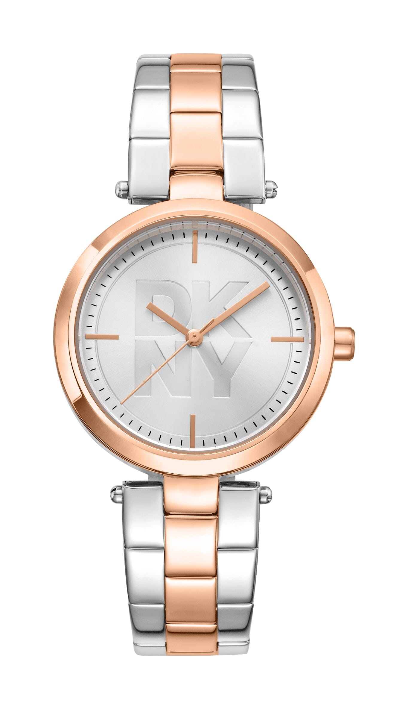 DK5L067M0085 DKNY Logo Silver Dial Two Tone Silver & Rose Gold Women's Watch 32mm Watches DKNY