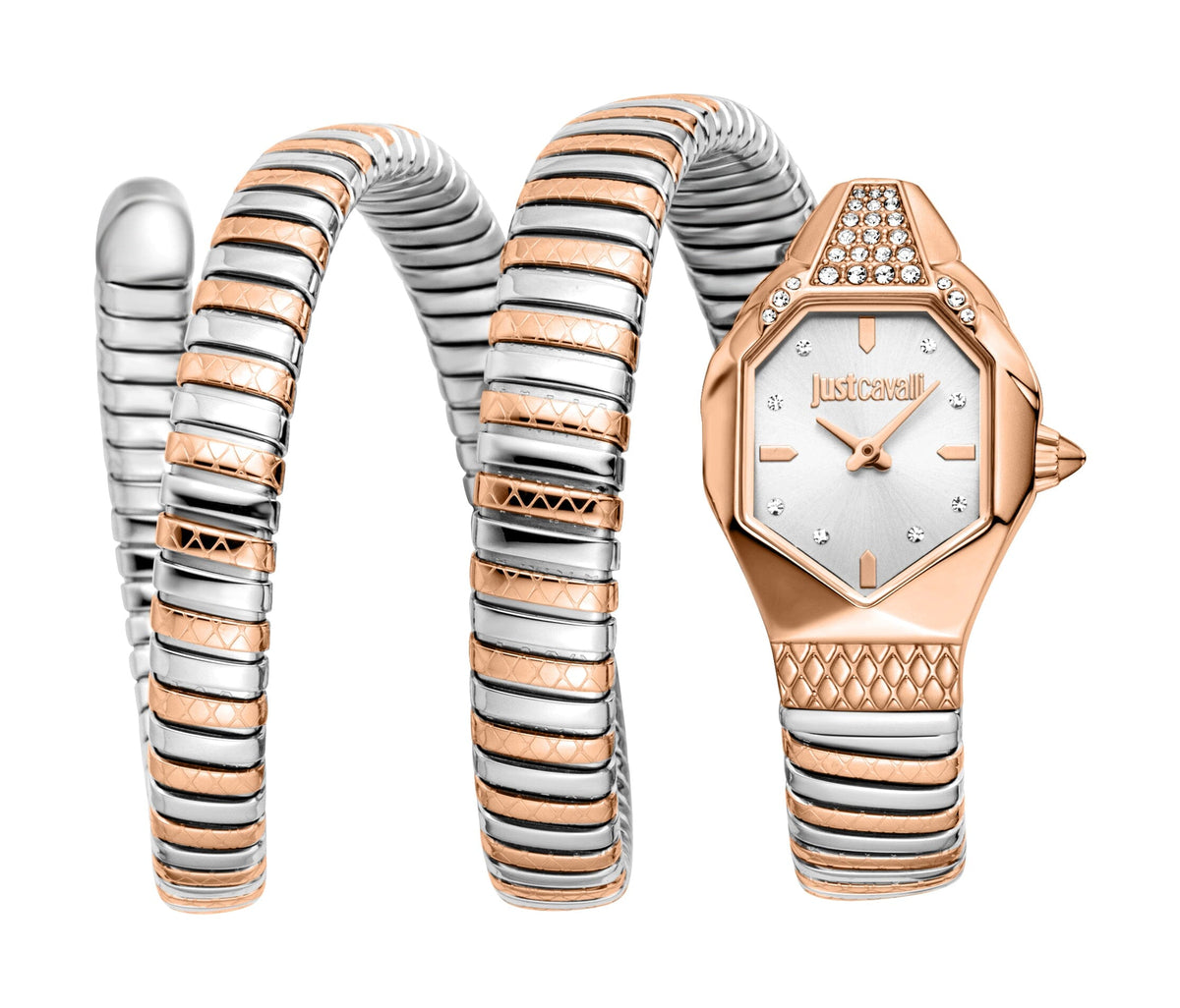 Just Cavalli Womens's Snake Silver Dial Two Tone Silver & Rose Gold Stainless Steel Watch Just Cavalli 