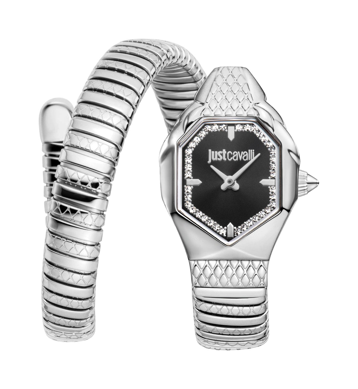Just Cavalli Womens's Snake Watch, Silver Color Case, Black Dial, Stainless Steel Watch Just Cavalli 