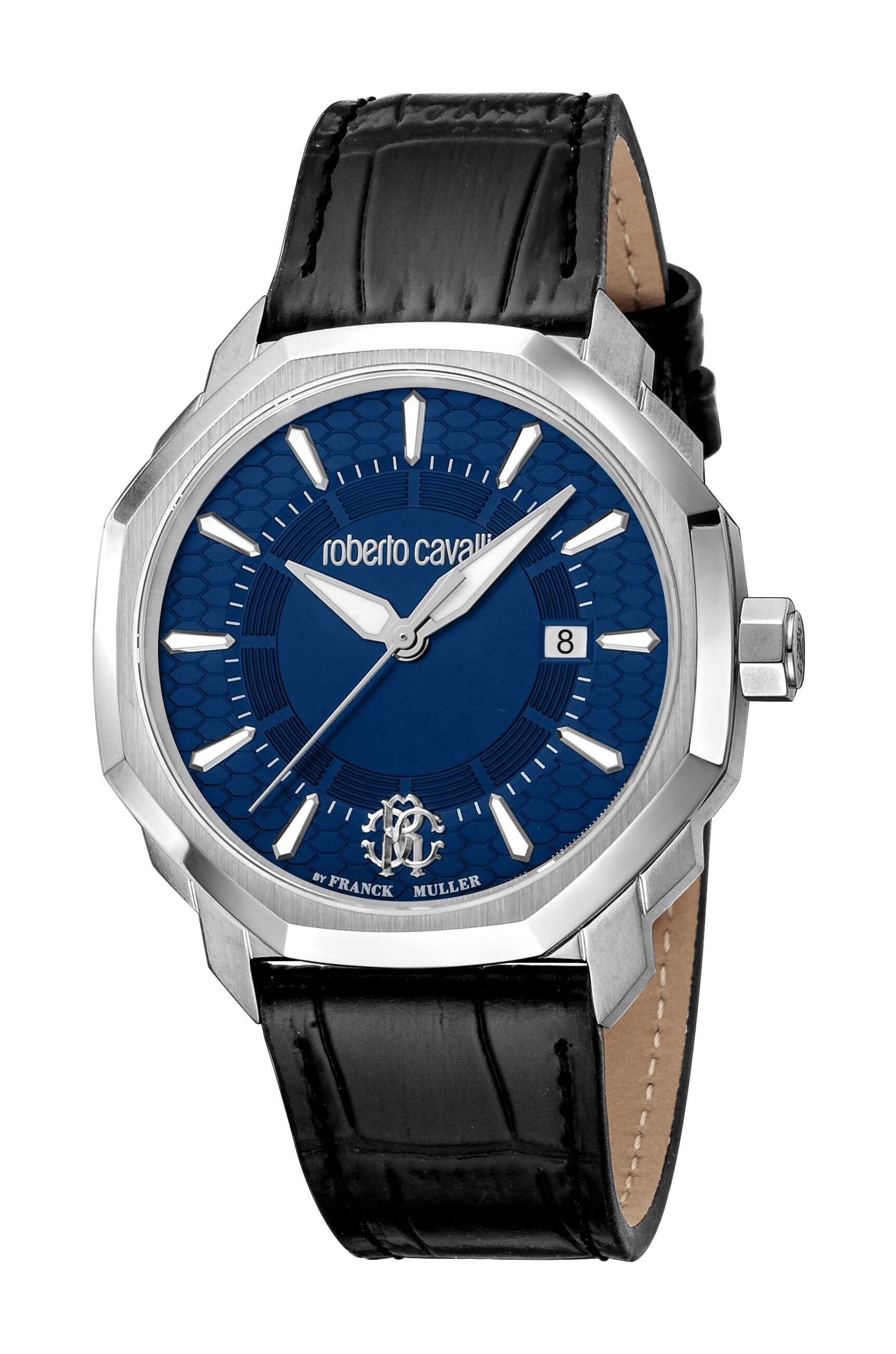Men's Roberto Cavalli by Franck Muller Blue Dial Silver Quartz Leather Strap Watch Roberto Cavalli by Franck Muller 
