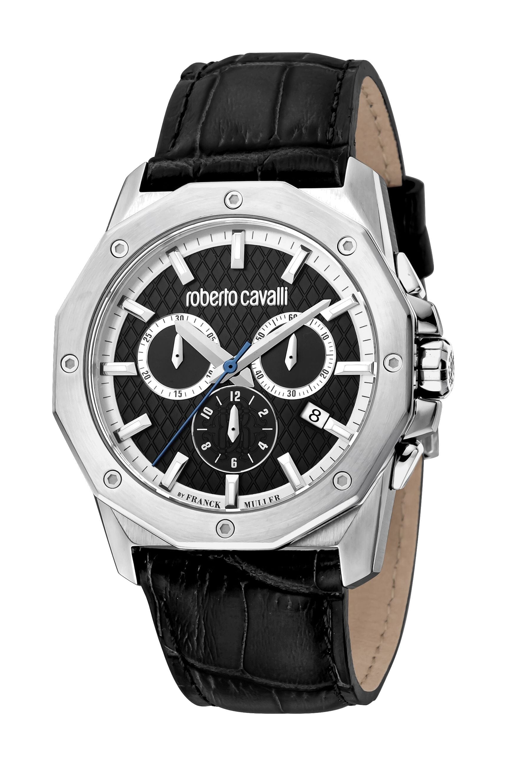 Men's Roberto Cavalli by Franck Muller Silver Quartz Black Leather Strap Watch Roberto Cavalli by Franck Muller 