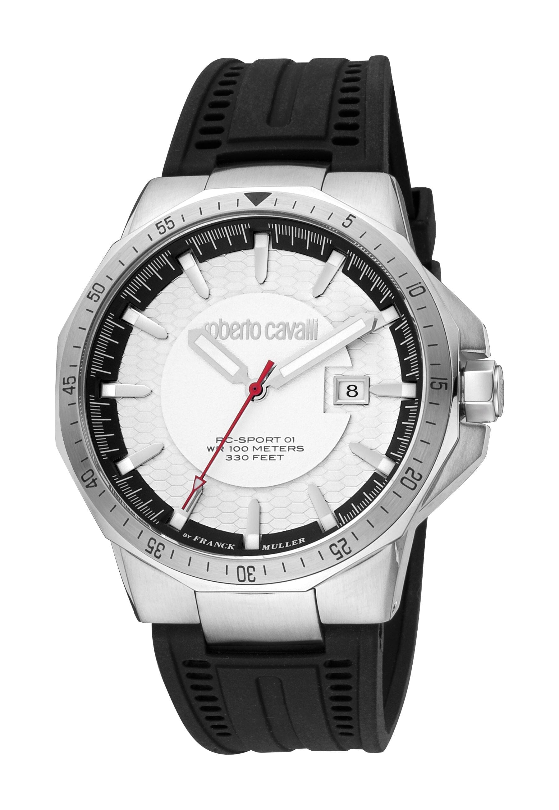 Men's Roberto Cavalli by Franck Muller Silver Quartz Black Rubber Strap Watch Roberto Cavalli by Franck Muller 