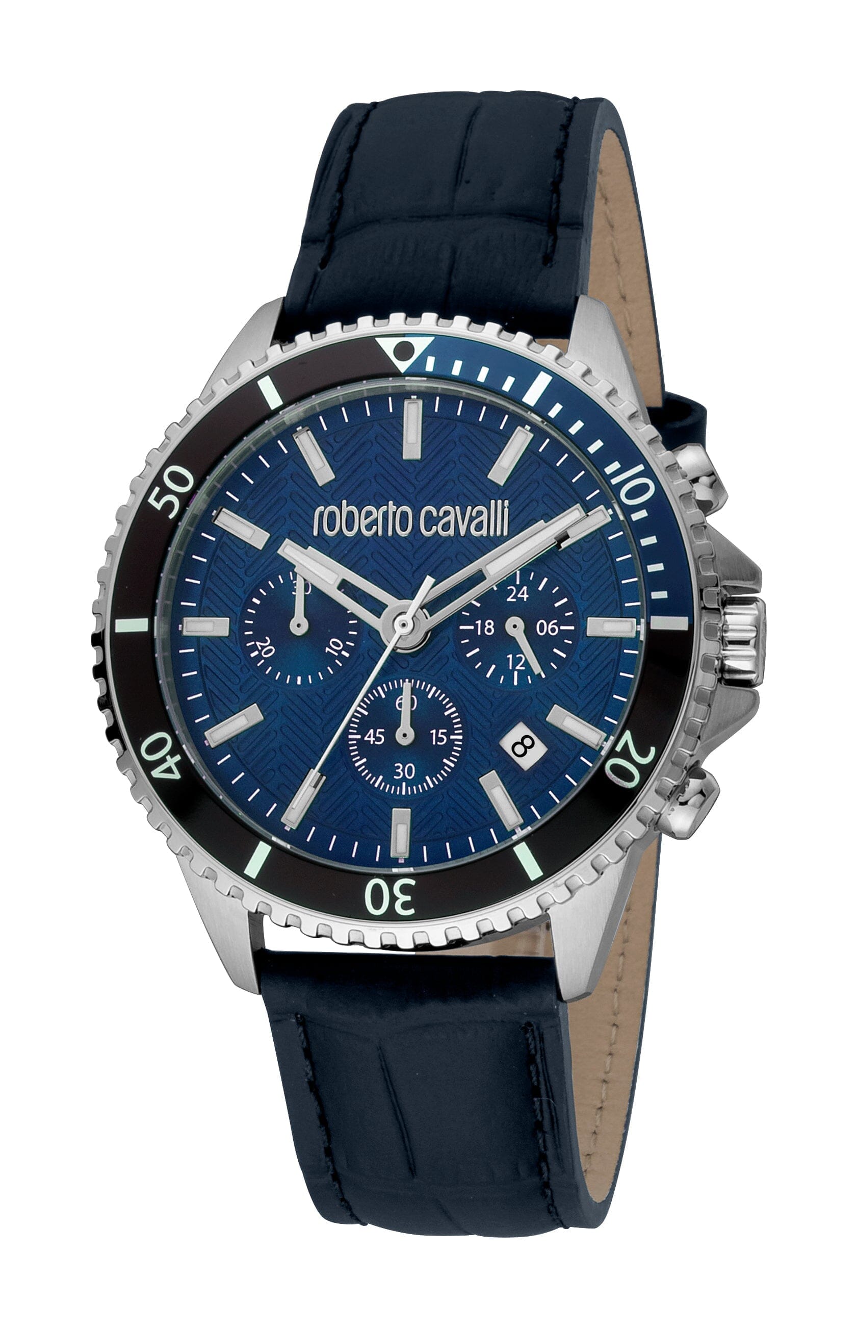 Men's Roberto Cavalli Dark Blue Dial Silver Quartz Leather Strap Watch Roberto Cavalli 