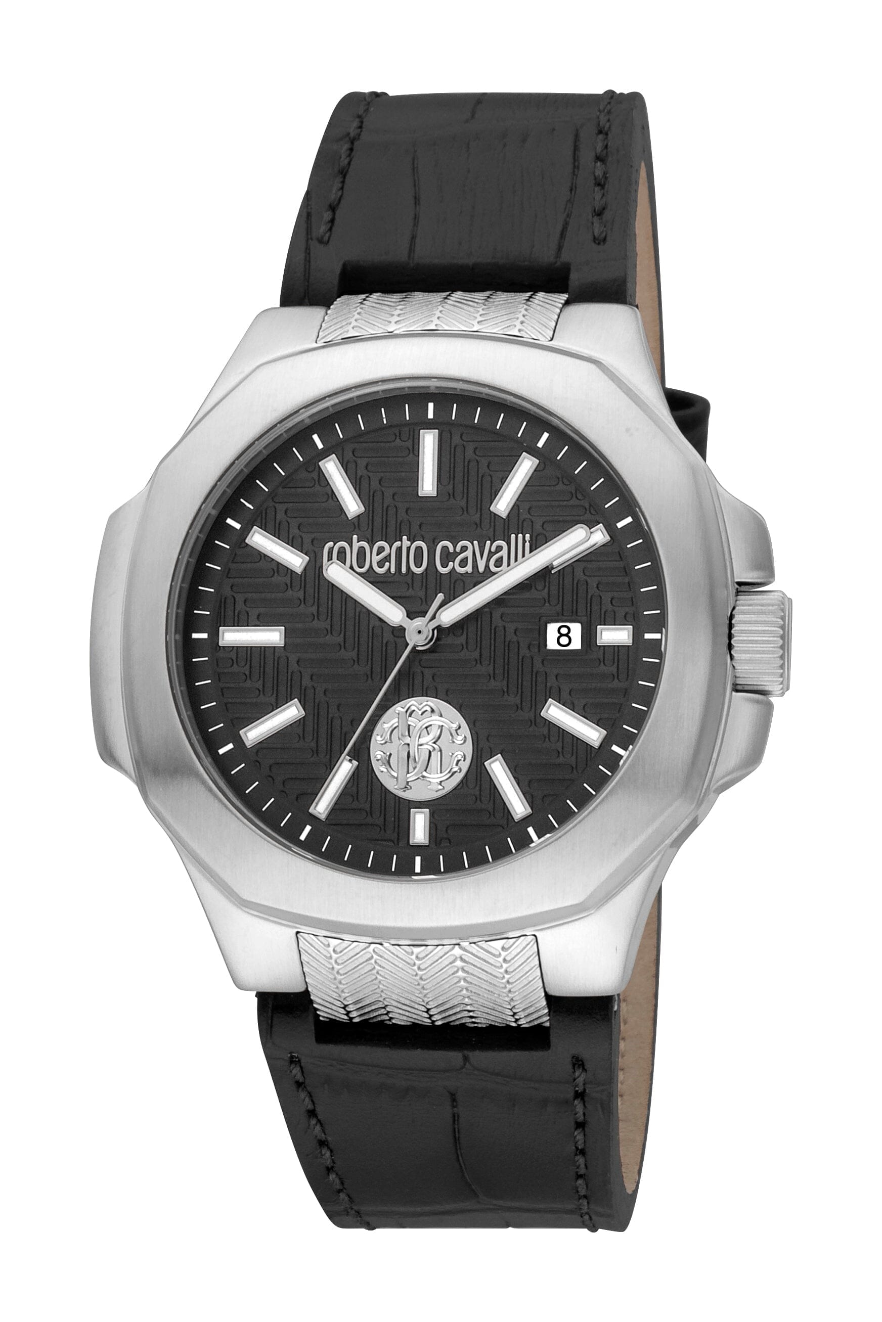 Men's Roberto Cavalli Grey Dial Silver Quartz Leather Strap Watch Roberto Cavalli 