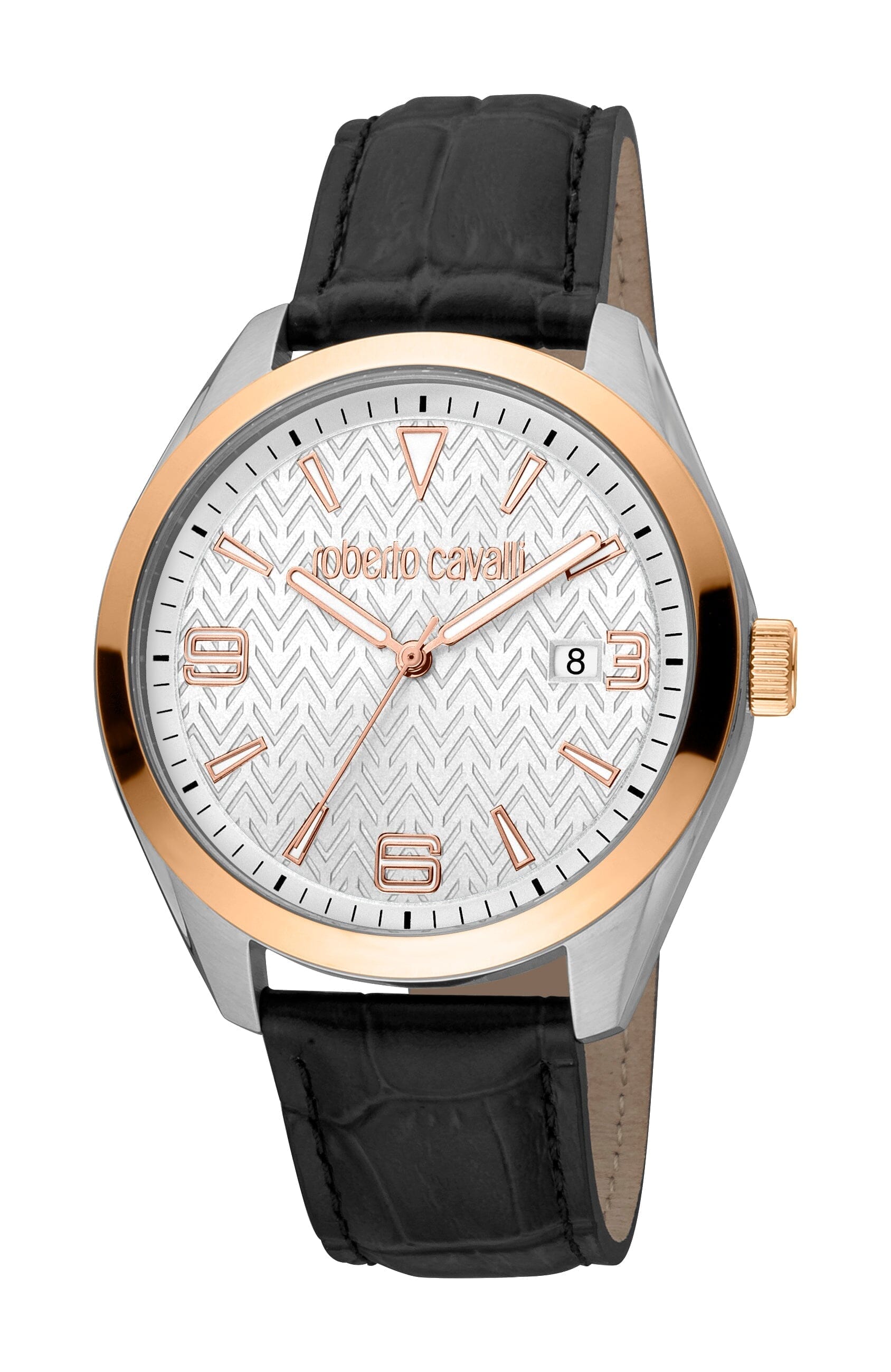 Men's Roberto Cavalli Two Tone Silver & Rose Gold Quartz Leather Strap Watch Roberto Cavalli 