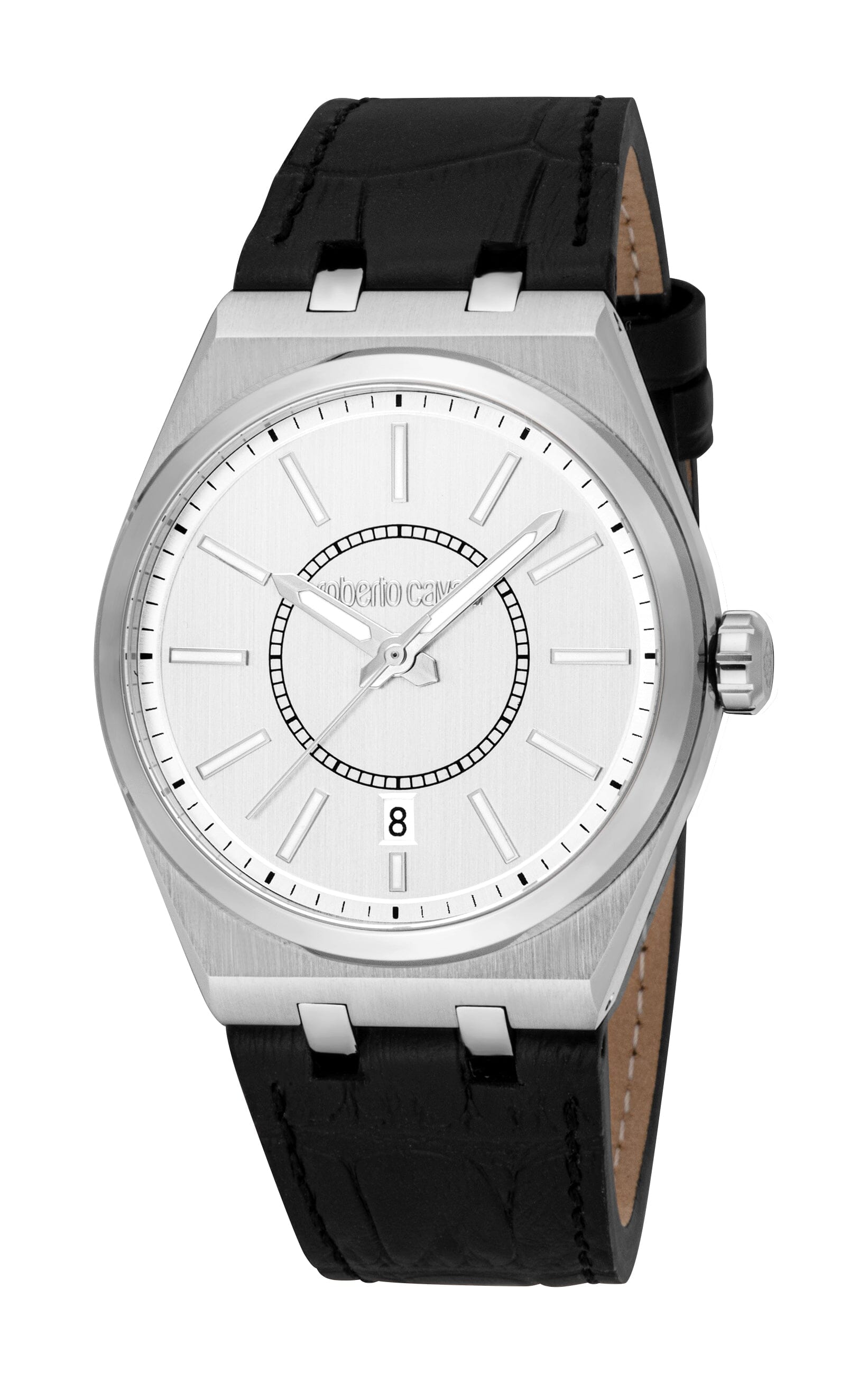 RC5G147L0015 Roberto Cavalli Men Watch, Silver Dial, Black Leather Strap Roberto Cavalli 