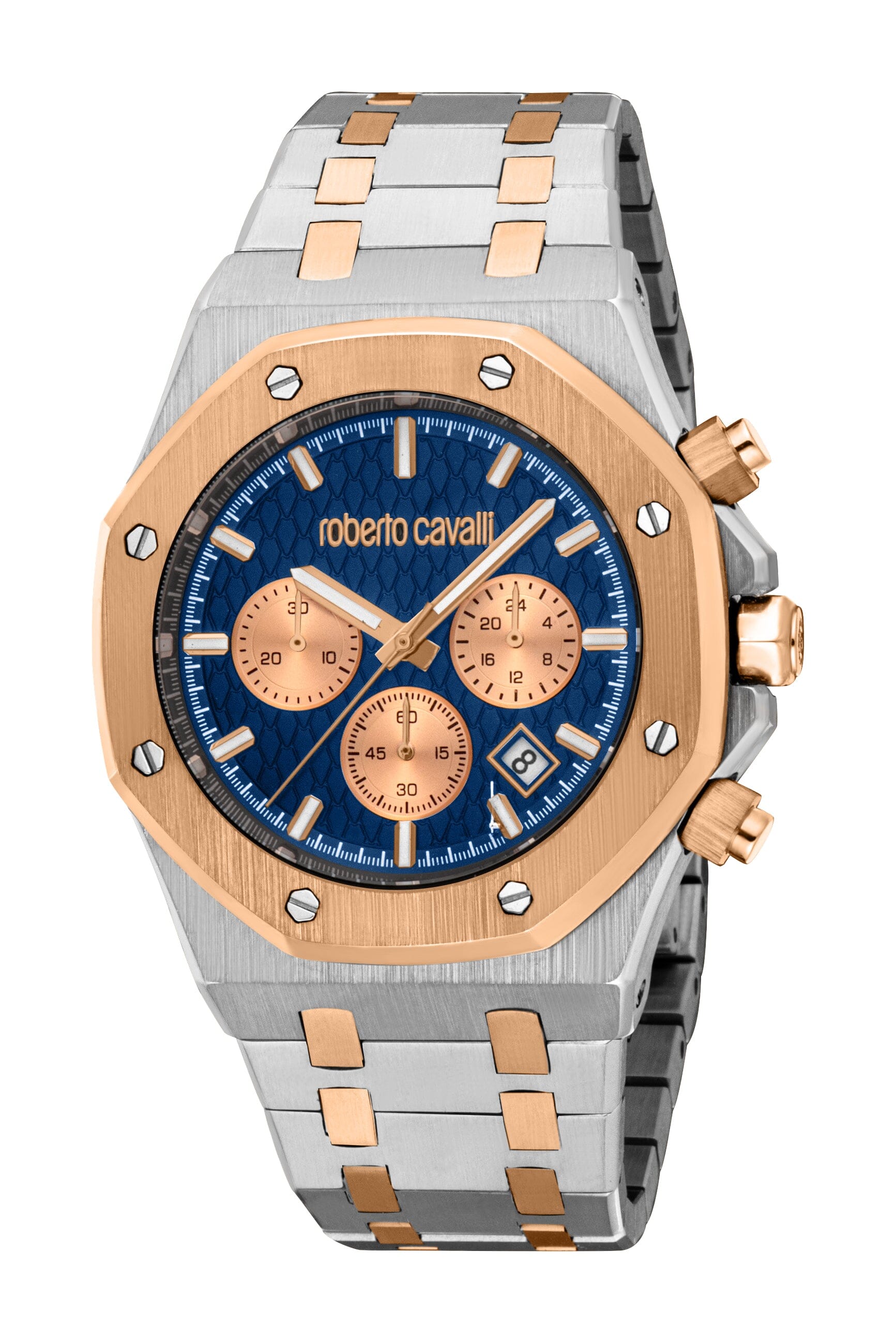 RC5G161M0075 Roberto Cavalli Men Watch, Dark Blue Dial, Two Tone Silver & Rose Gold Color Metal Bracelet Roberto Cavalli 