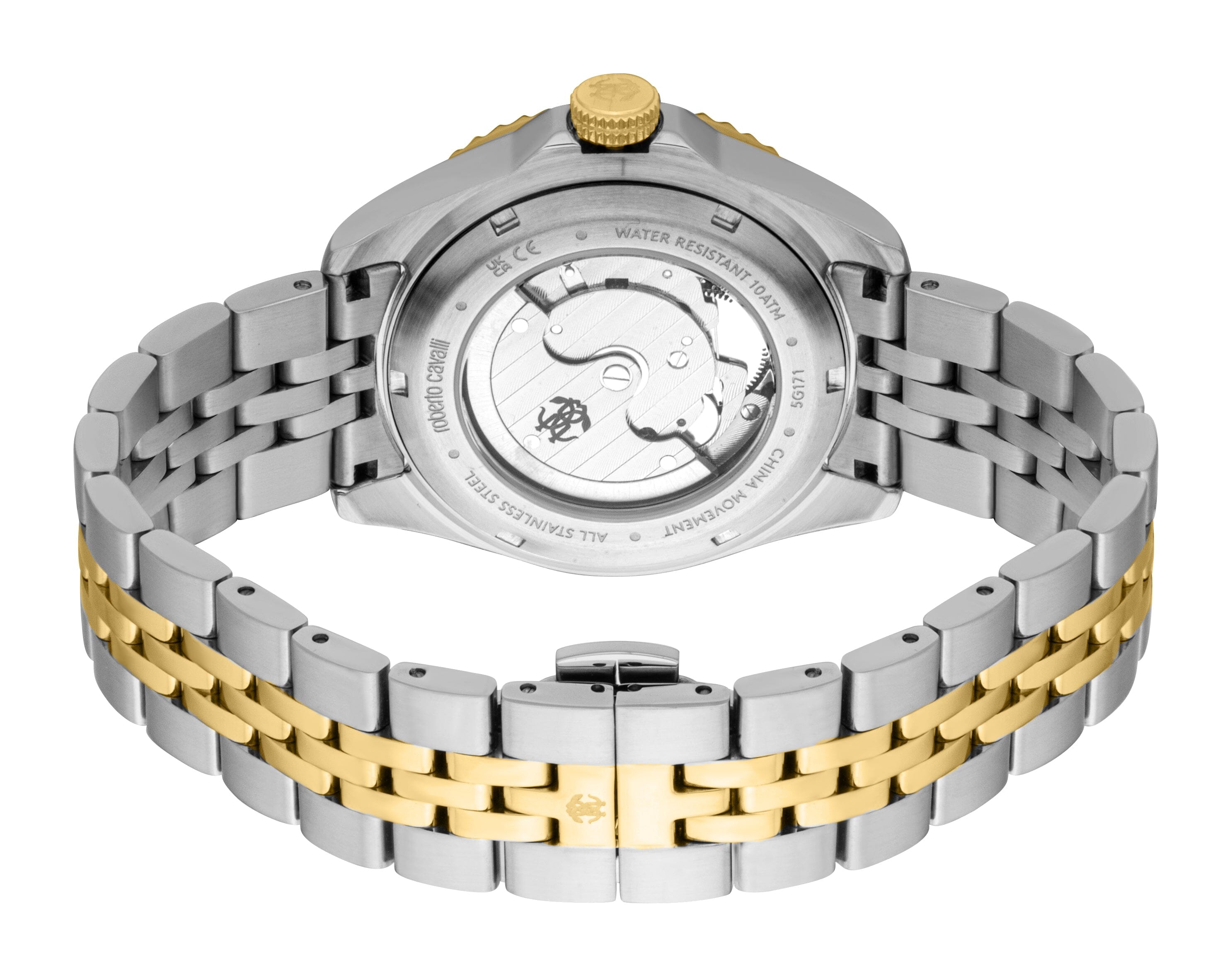 RC5G171M0075 Roberto Cavalli Men Watch, Black Dial, Two Tone Silver & Gold Color Metal Bracelet Roberto Cavalli 