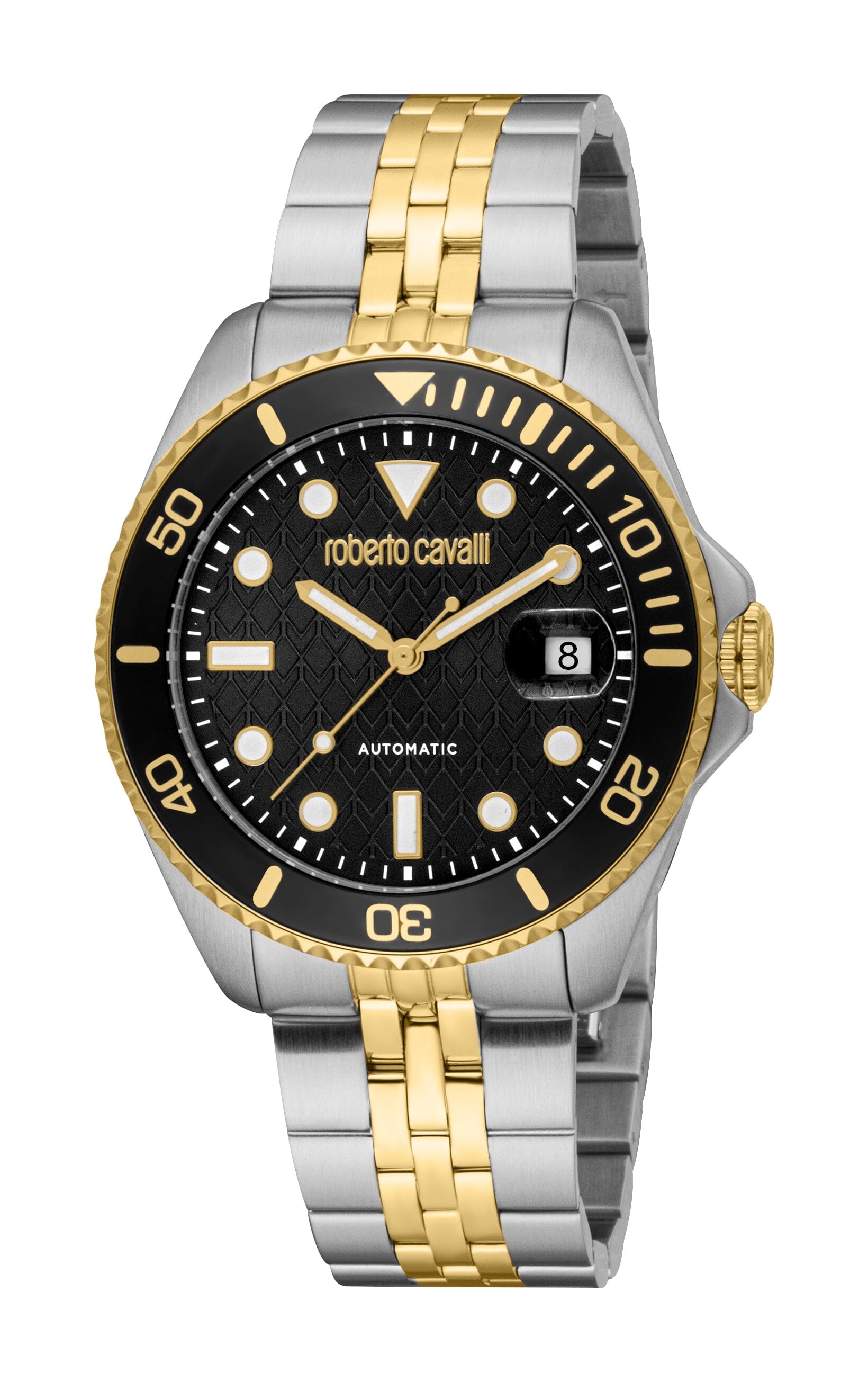 RC5G171M0075 Roberto Cavalli Men Watch, Black Dial, Two Tone Silver & Gold Color Metal Bracelet Roberto Cavalli 