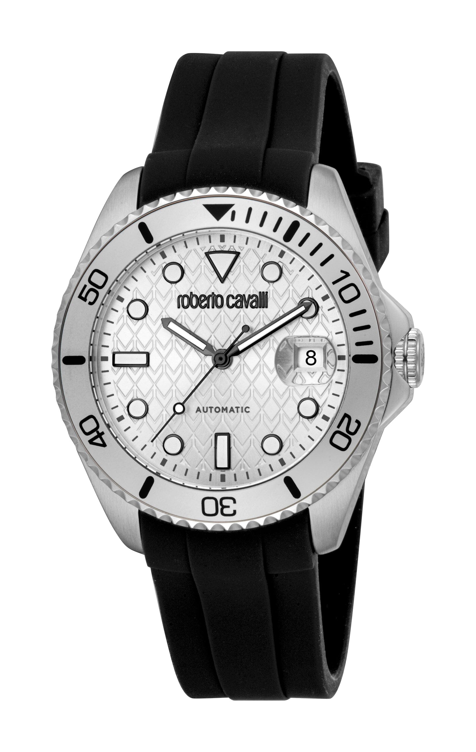 RC5G171P0015 Roberto Cavalli Men Watch, Silver Dial, Black Silicone Strap Roberto Cavalli 