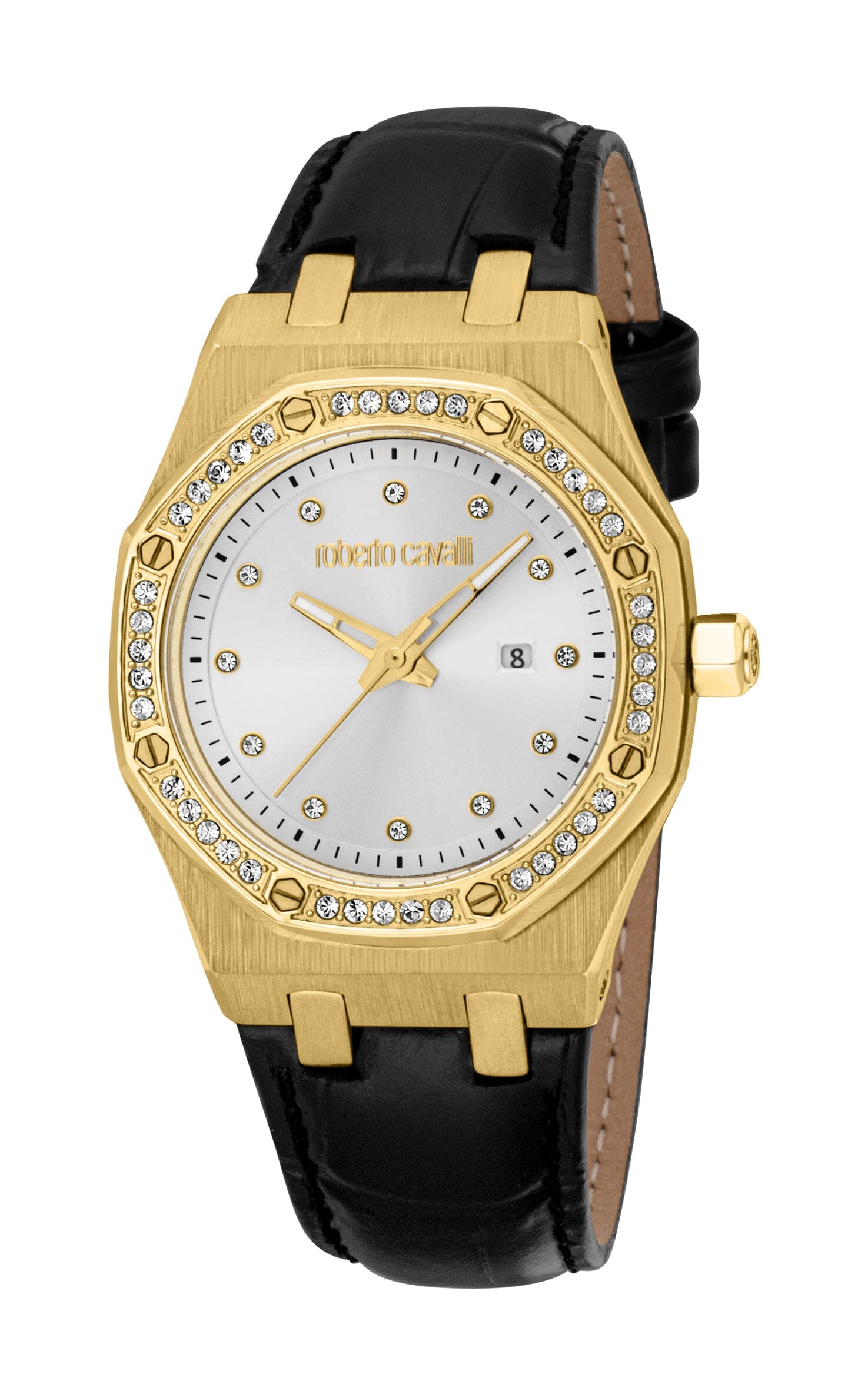 RC5L159L0025 Roberto Cavalli Women Watch, Silver Dial, Black Leather Strap Roberto Cavalli 